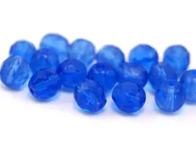 10 Vintage Deep Blue Czech Glass Round Faceted Beads Cf-64 T036