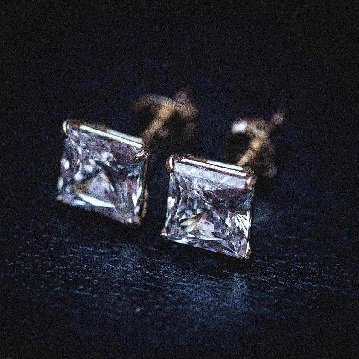 14k Solid Gold Princess Cut Stud Earrings in White Gold