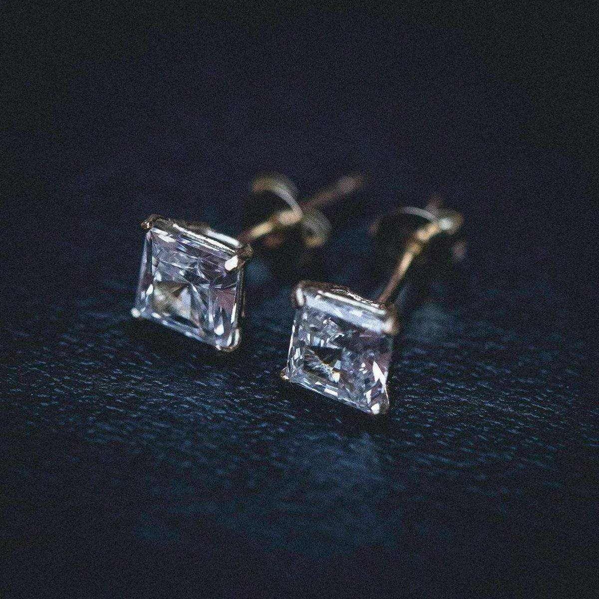 14k Solid Gold Princess Cut Stud Earrings in White Gold