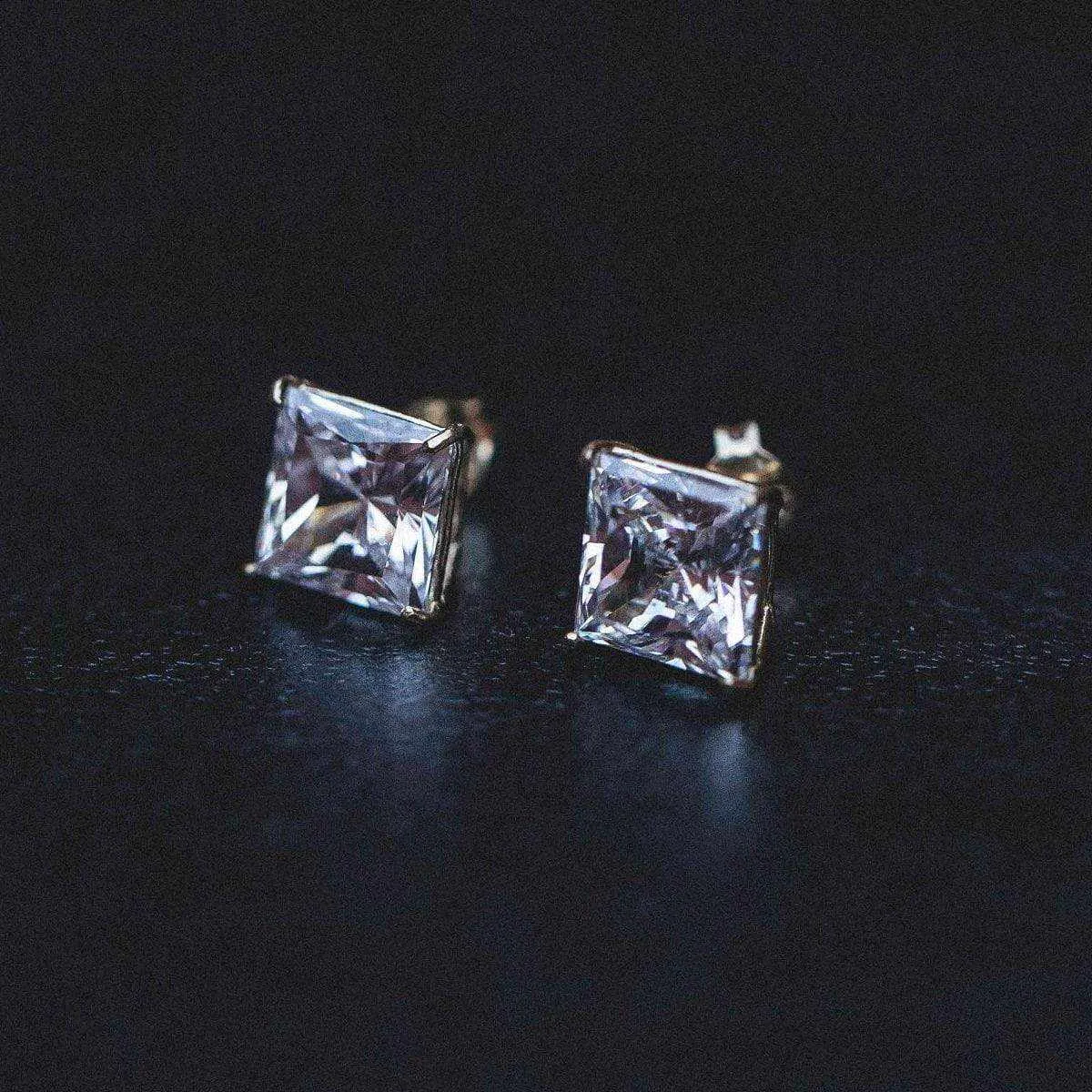 14k Solid Gold Princess Cut Stud Earrings in White Gold