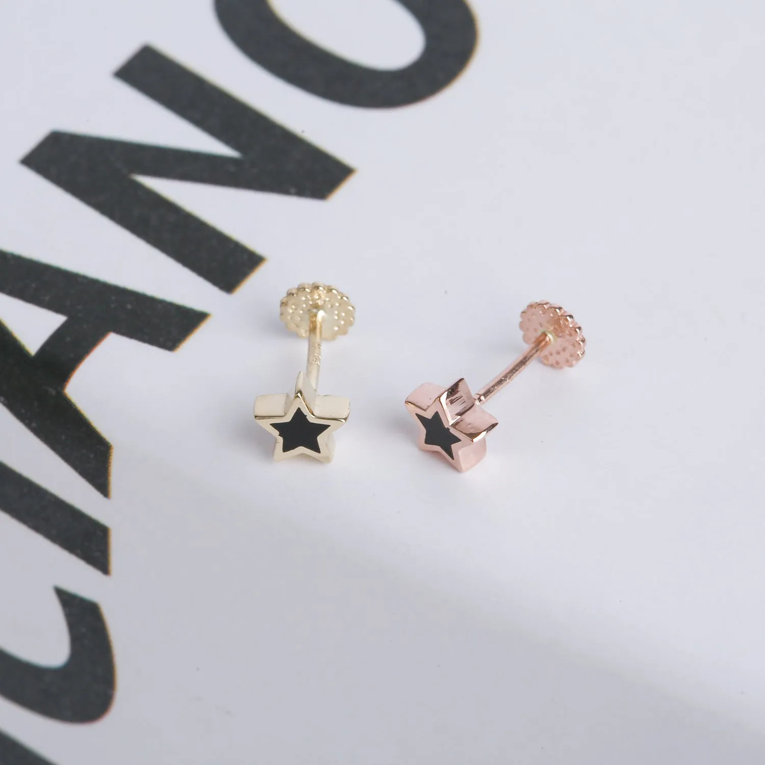 14K Solid Real Gold Black Star Tragus Helix Cartilage Conch Ear Post Stud Earring Externally Threaded Labret