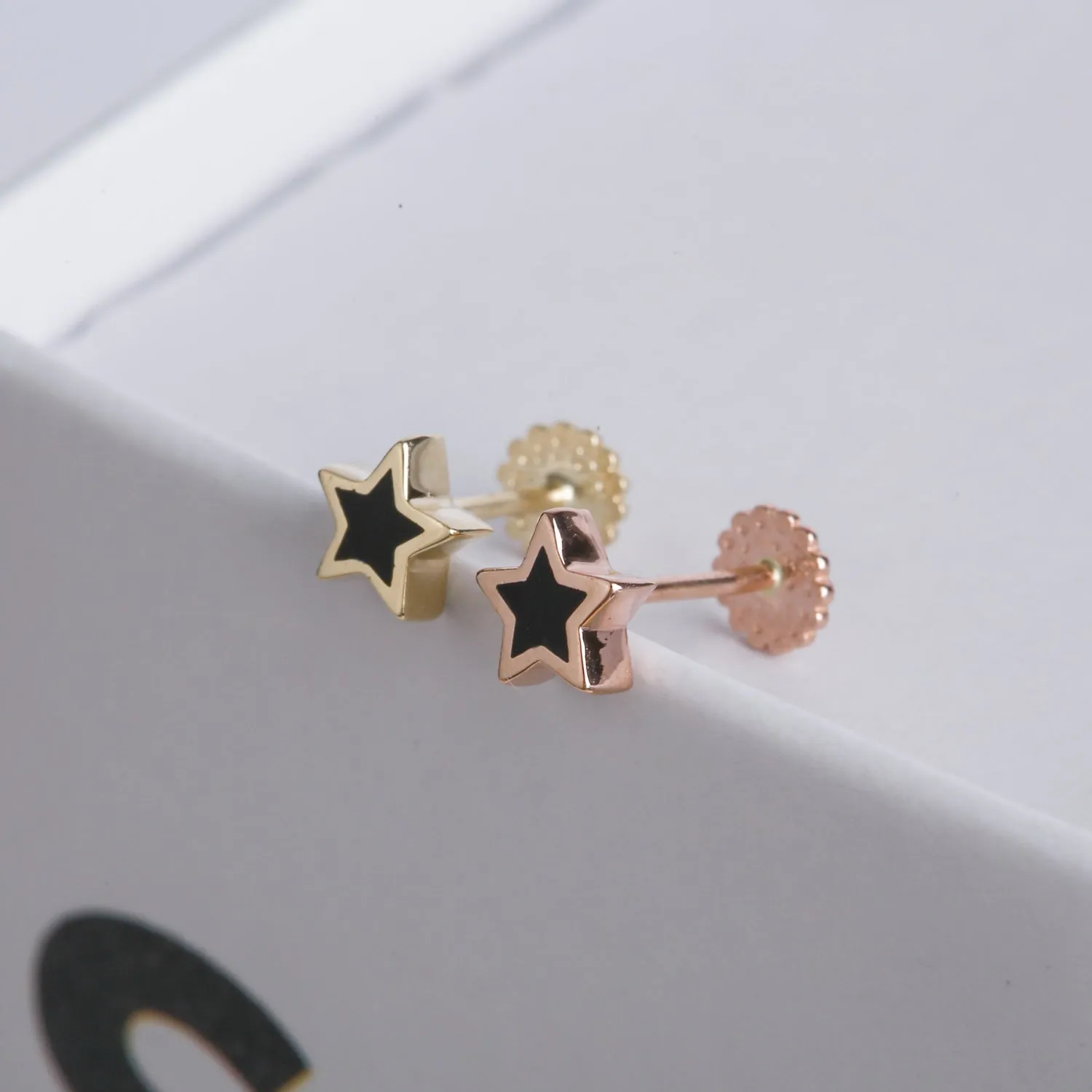 14K Solid Real Gold Black Star Tragus Helix Cartilage Conch Ear Post Stud Earring Externally Threaded Labret