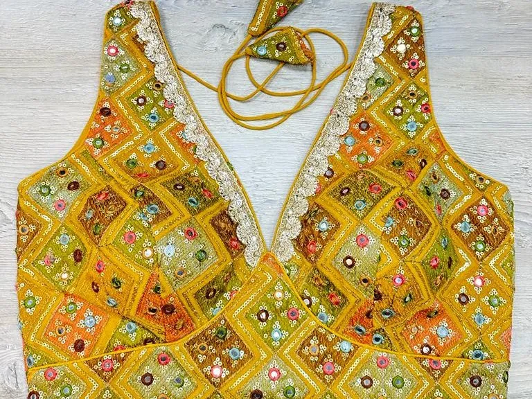 50W571-RO Yellow Multicolor Embroidered Blouse With Mirror Work