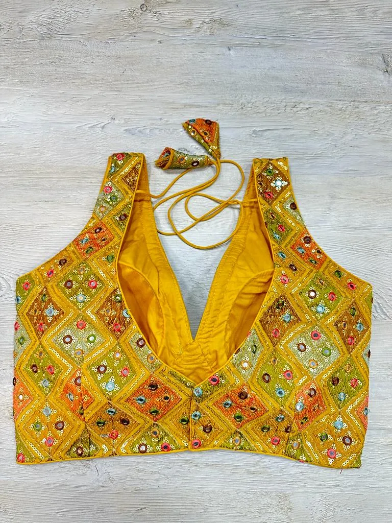 50W571-RO Yellow Multicolor Embroidered Blouse With Mirror Work