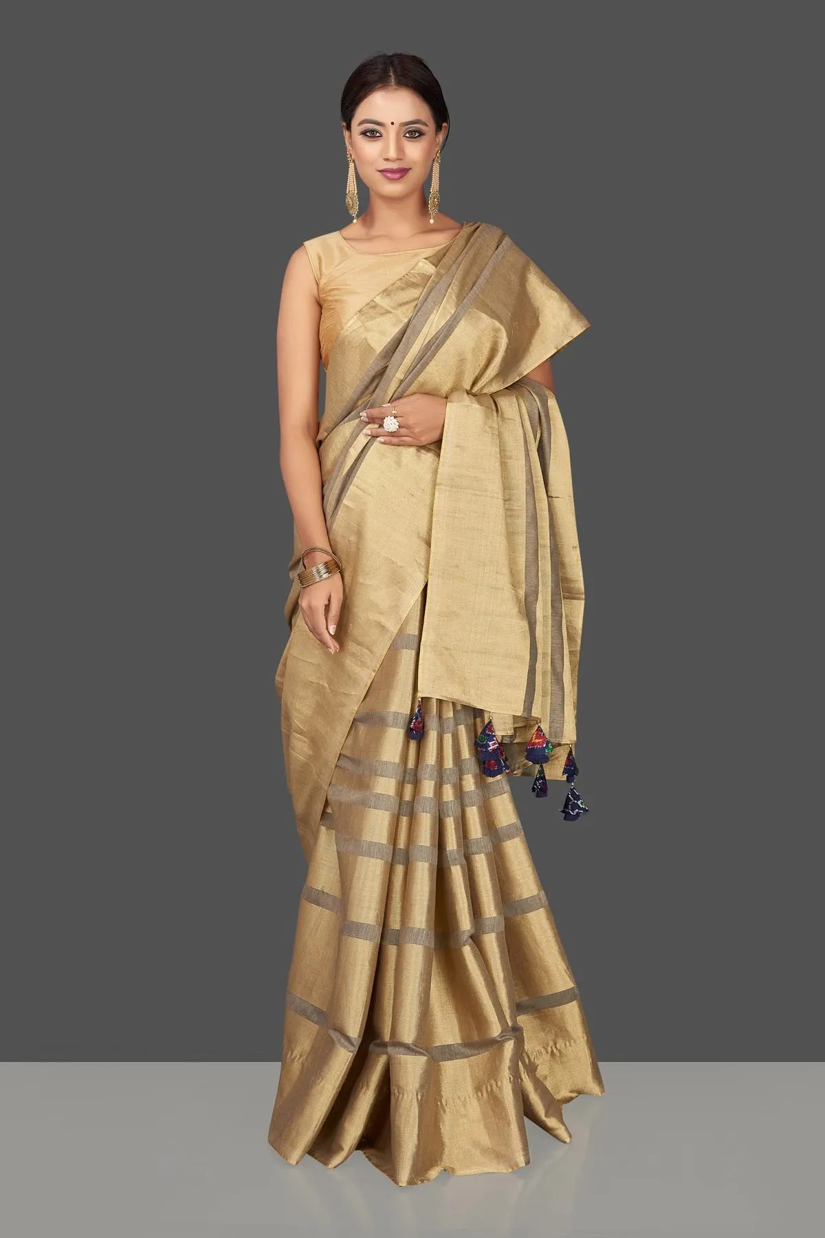 90J795 Golden Stripes Tissue Tussar Saree with Blue Tassels