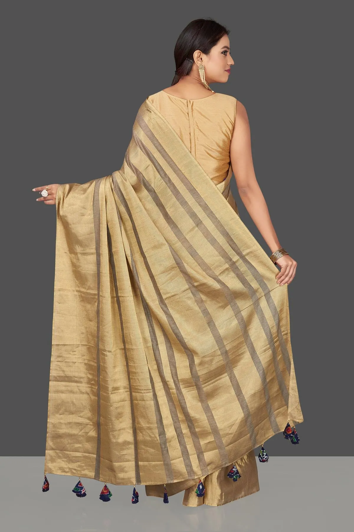 90J795 Golden Stripes Tissue Tussar Saree with Blue Tassels