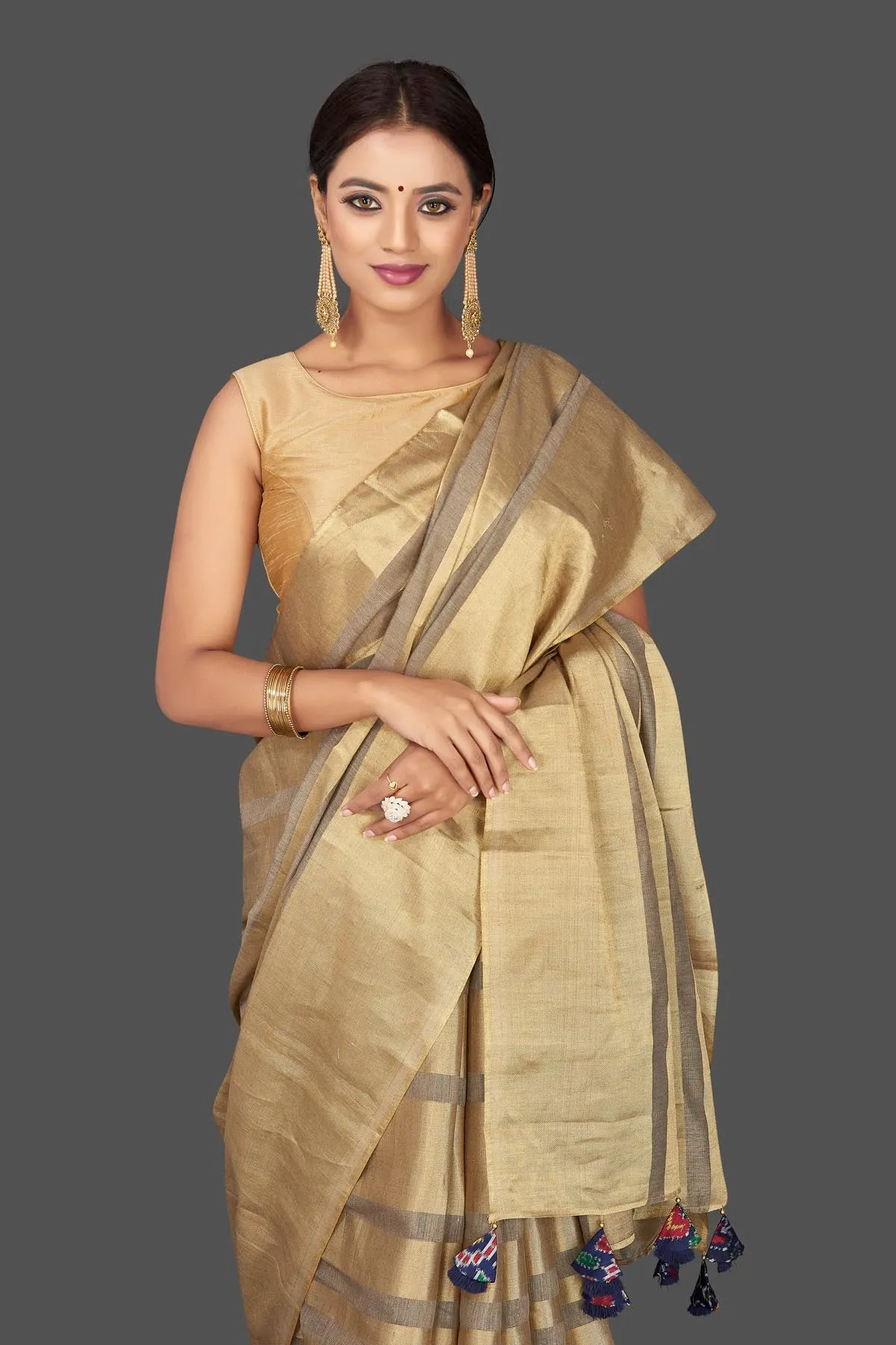 90J795 Golden Stripes Tissue Tussar Saree with Blue Tassels