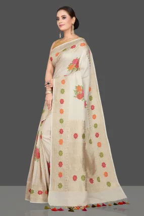 90K560-RO Cream Tussar Georgette Sari with Floral Weave Buta and Zari Border