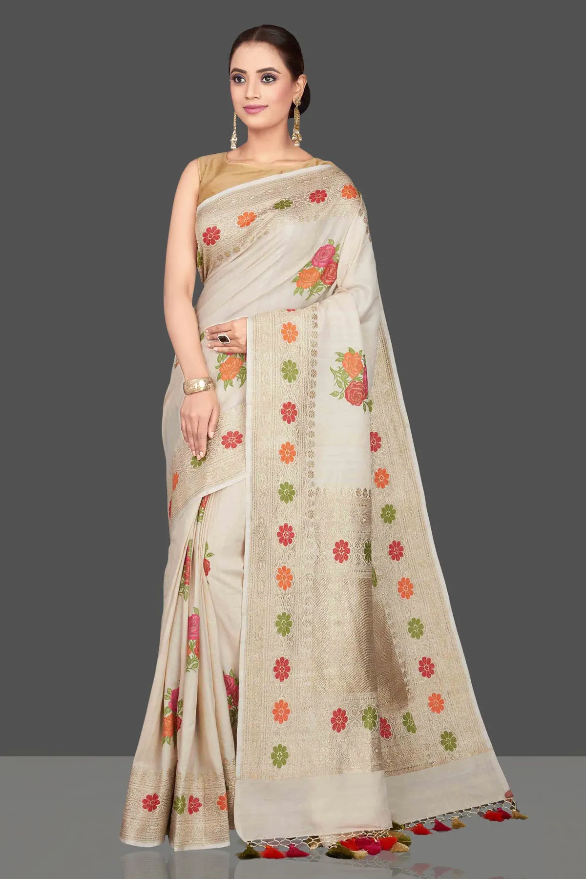 90K560-RO Cream Tussar Georgette Sari with Floral Weave Buta and Zari Border