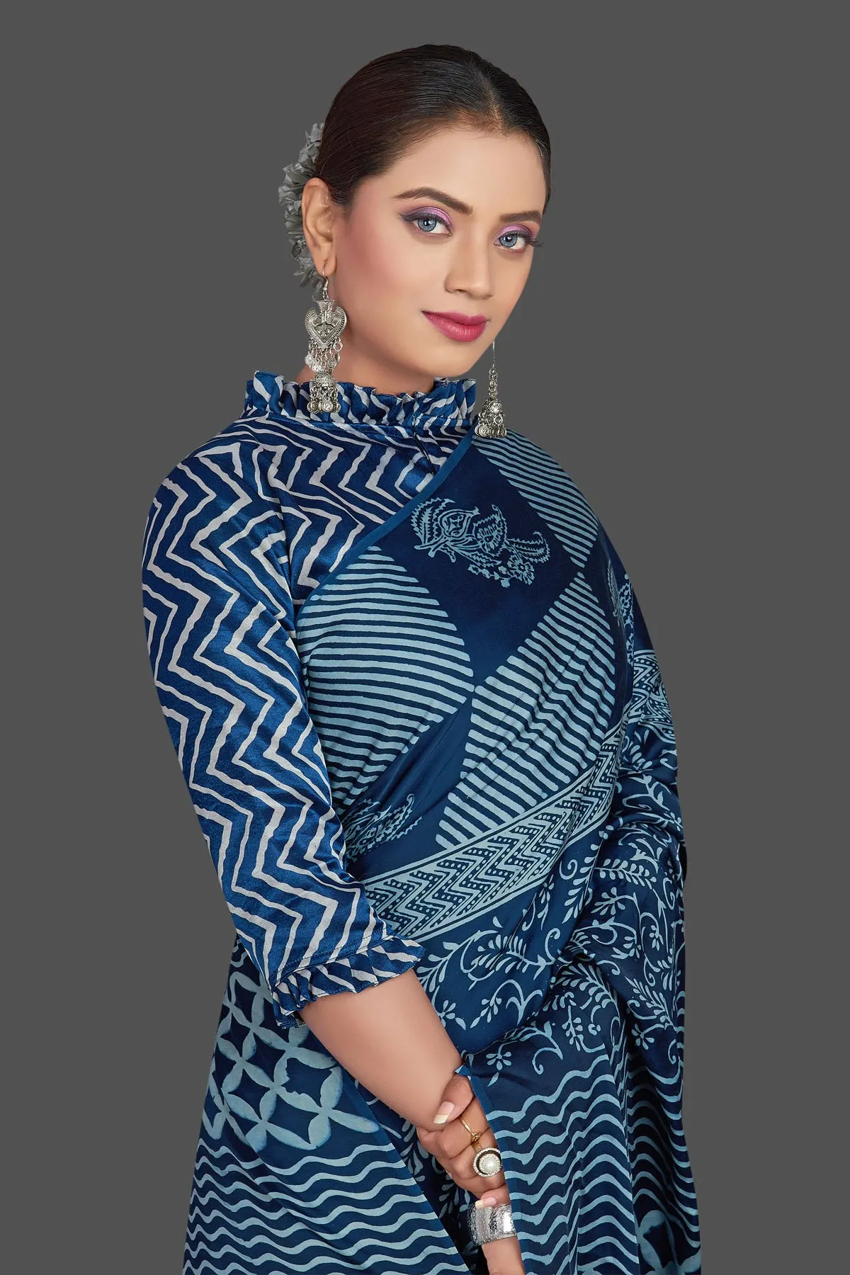 90K915 Dark Blue Mix Print Modal Silk Sari