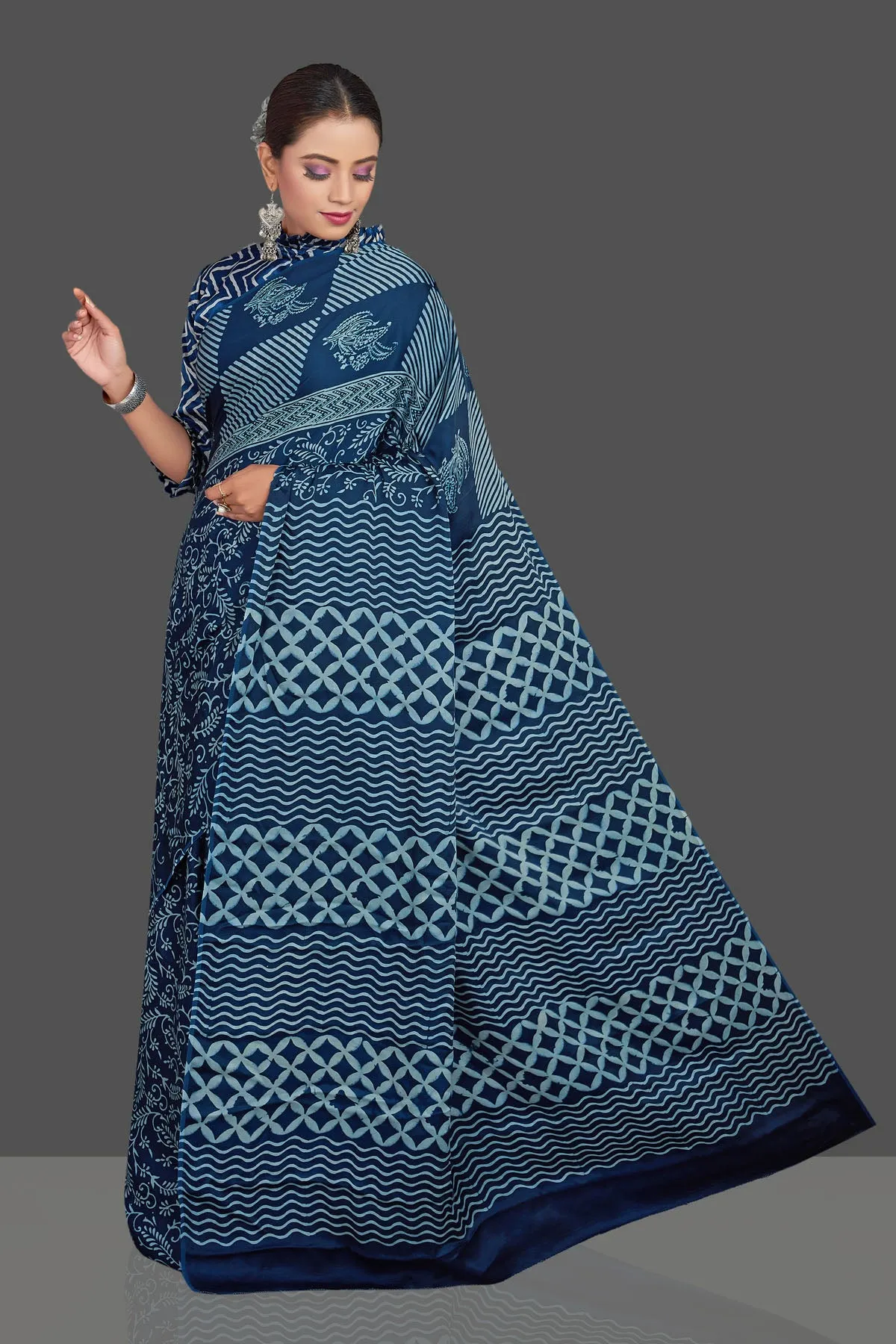 90K915 Dark Blue Mix Print Modal Silk Sari