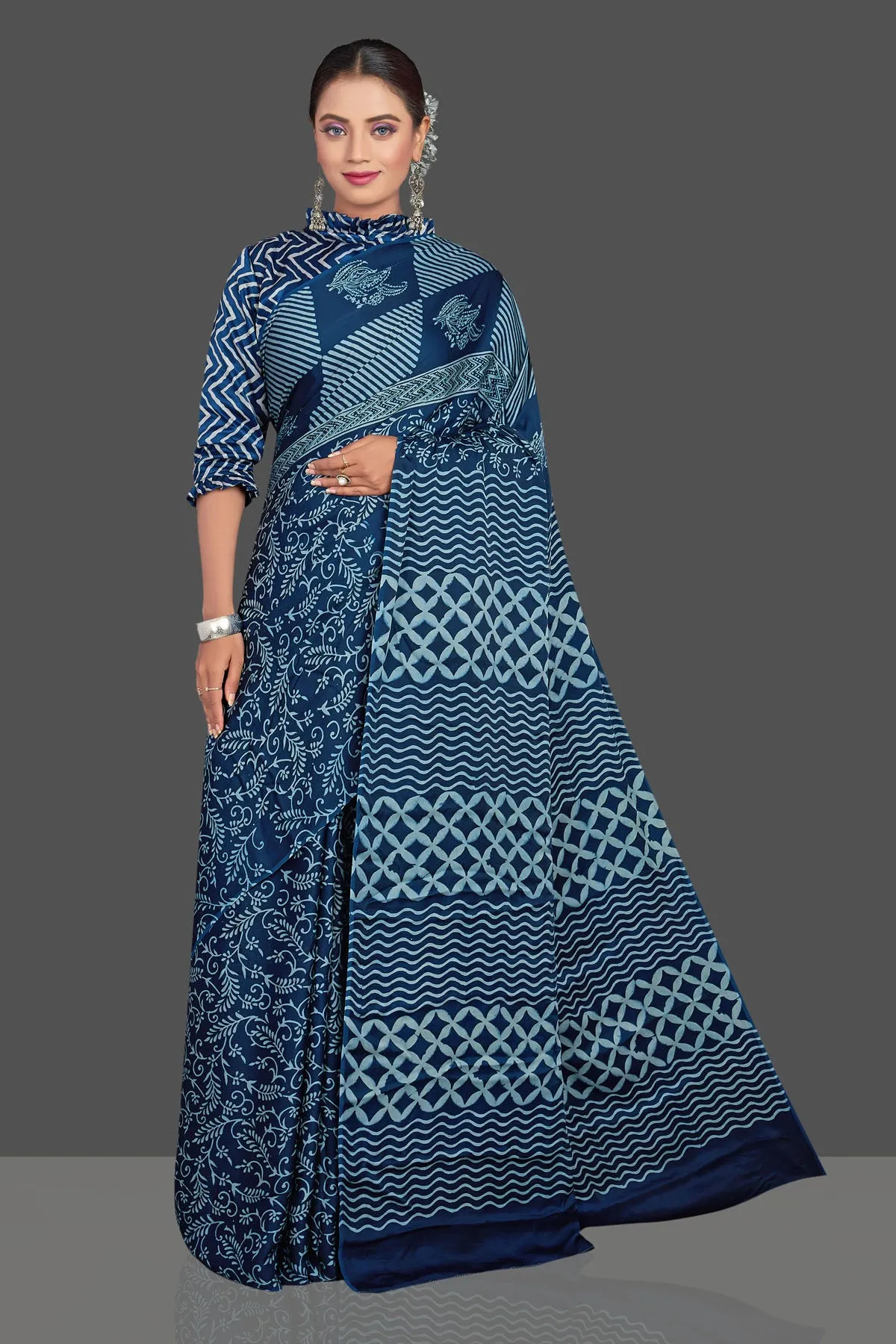 90K915 Dark Blue Mix Print Modal Silk Sari