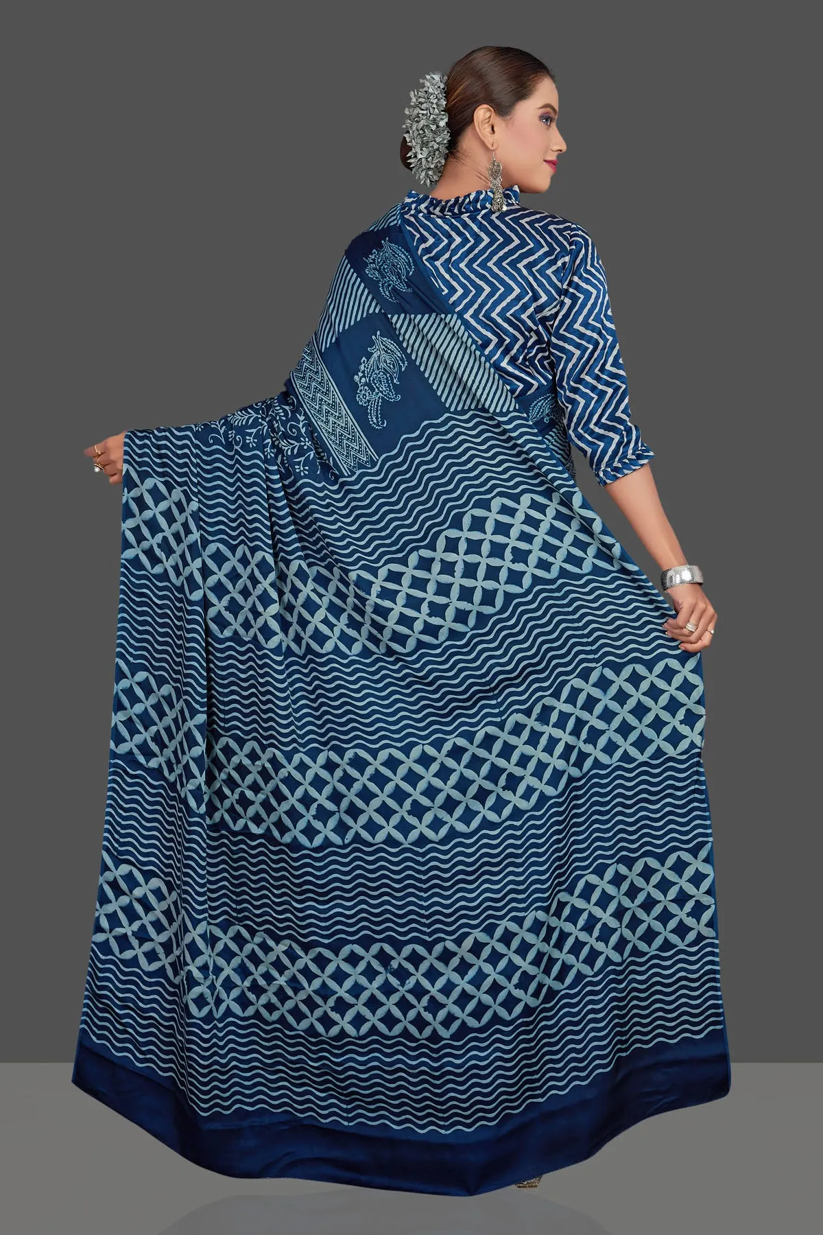 90K915 Dark Blue Mix Print Modal Silk Sari