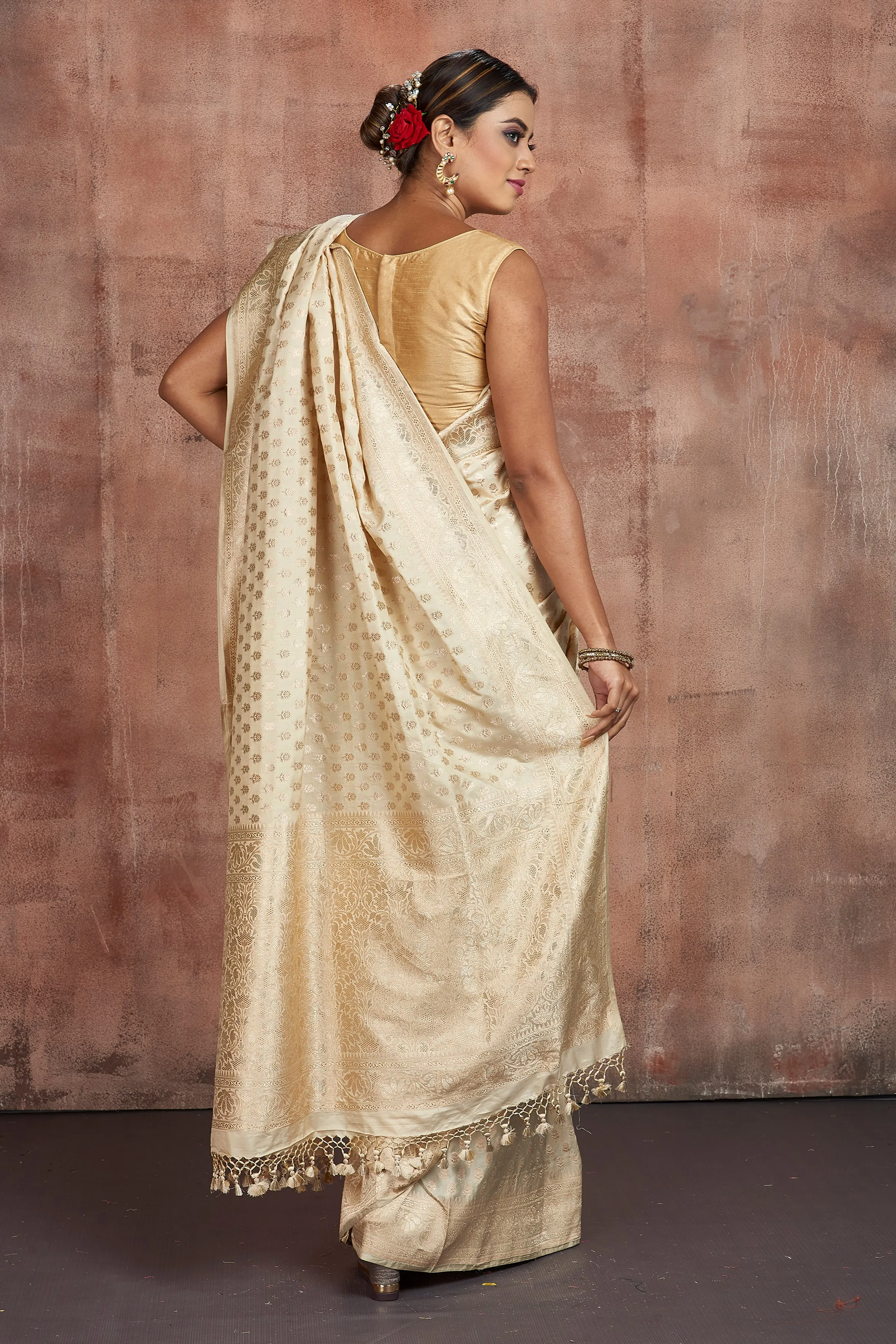 90M303 Cream Katan Silk Saree with Zari Buta and Border