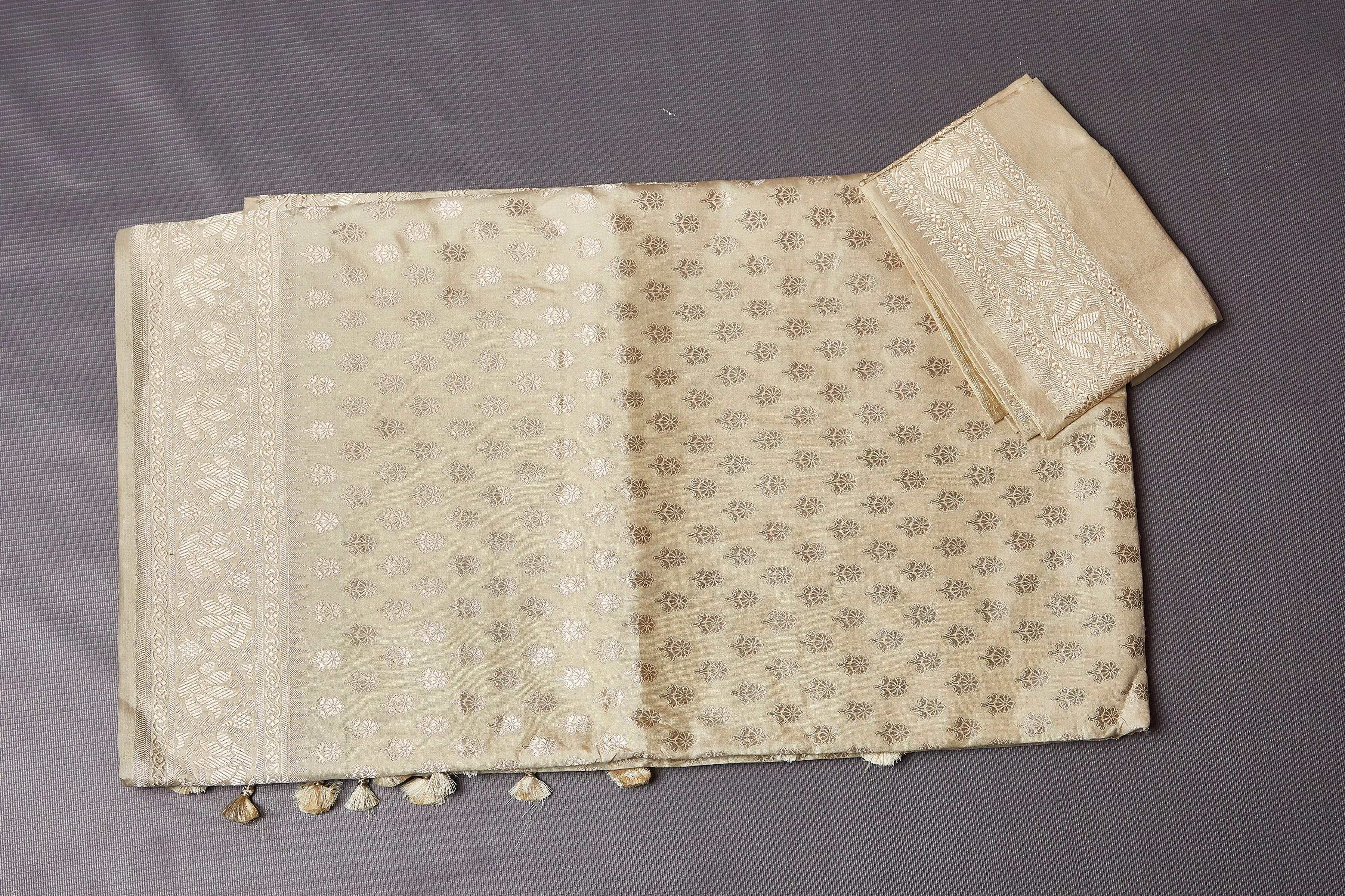 90M303 Cream Katan Silk Saree with Zari Buta and Border