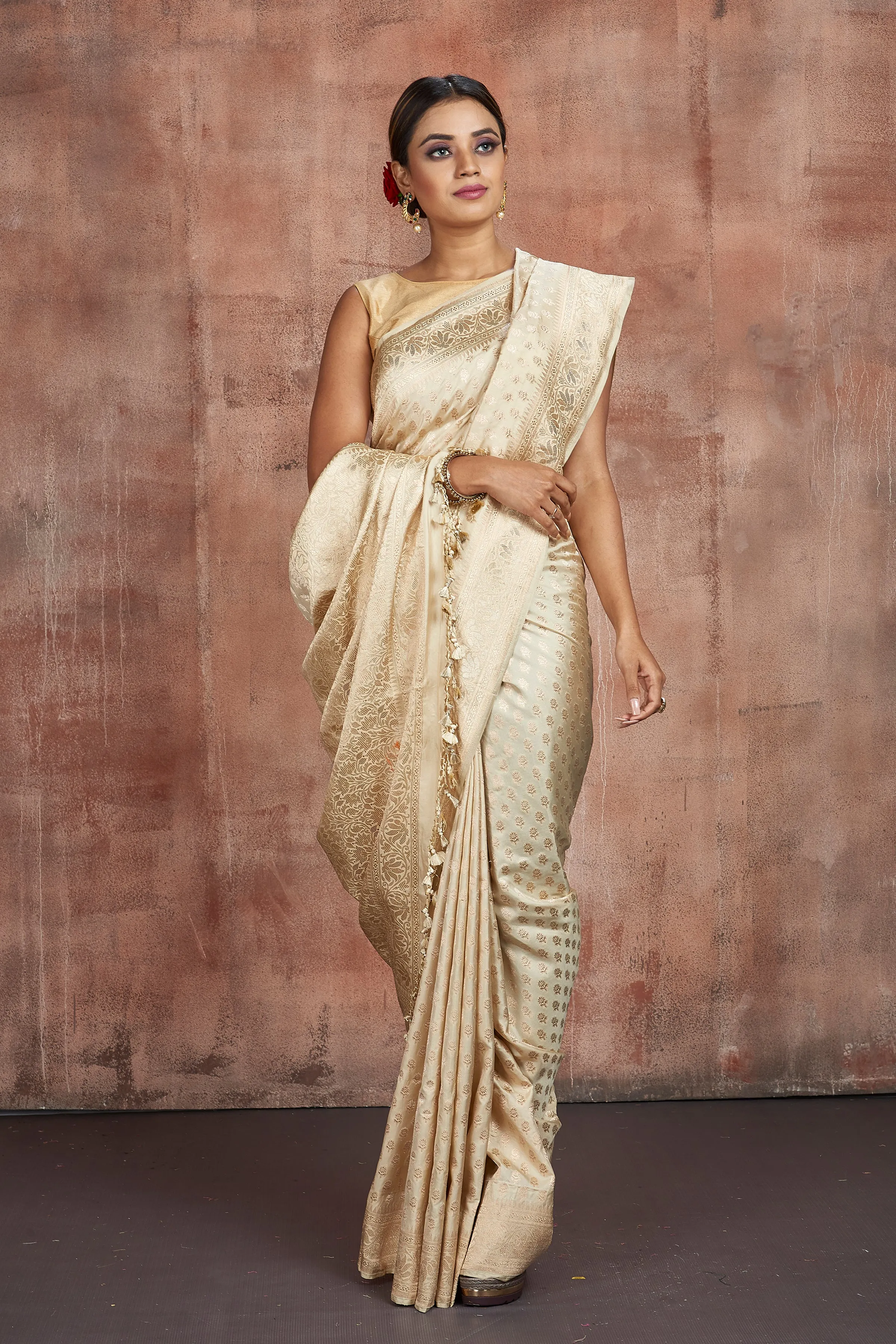 90M303 Cream Katan Silk Saree with Zari Buta and Border