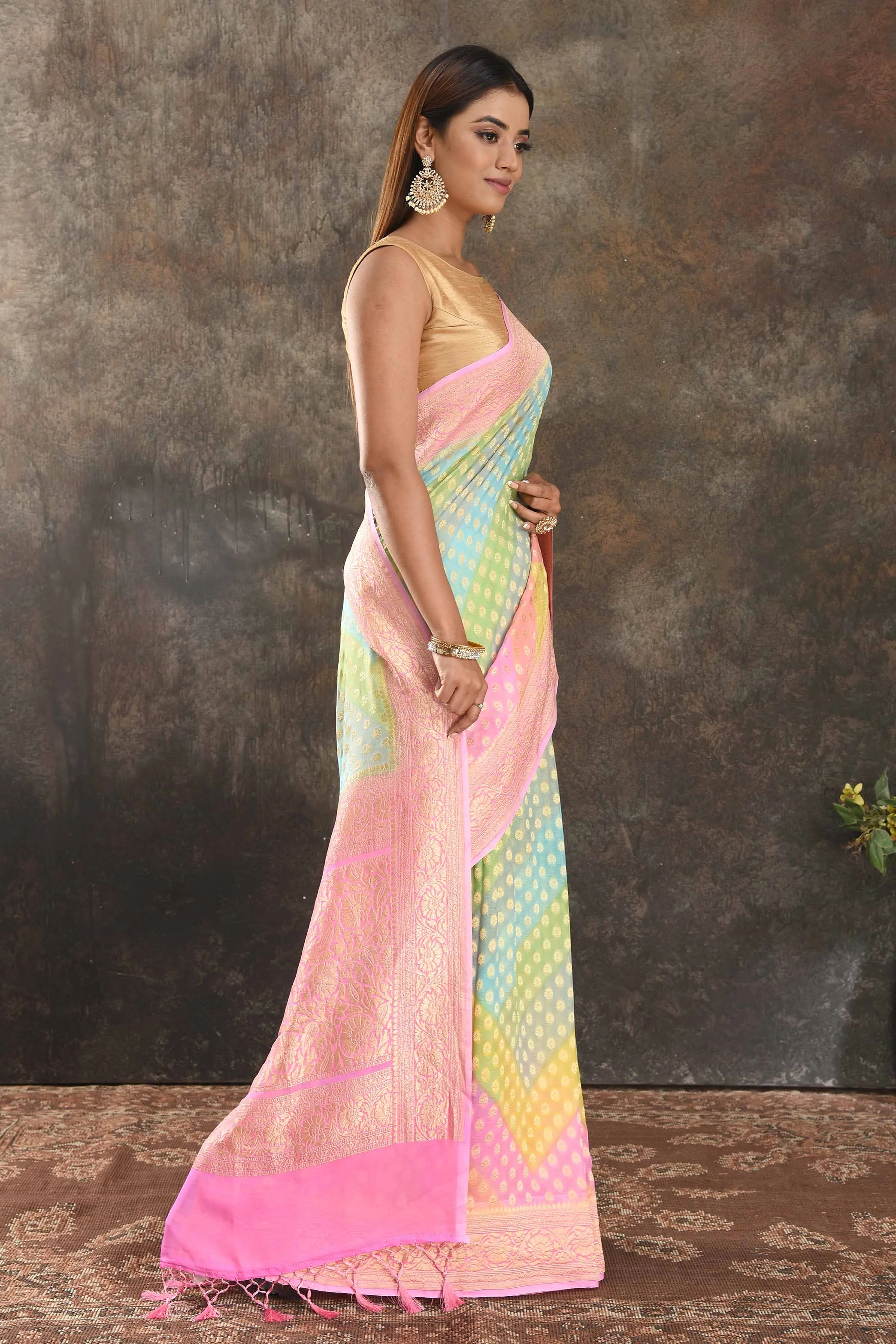 90N367-RO Multicolor Pastel Georgette Banarasi Sari with Pink Border