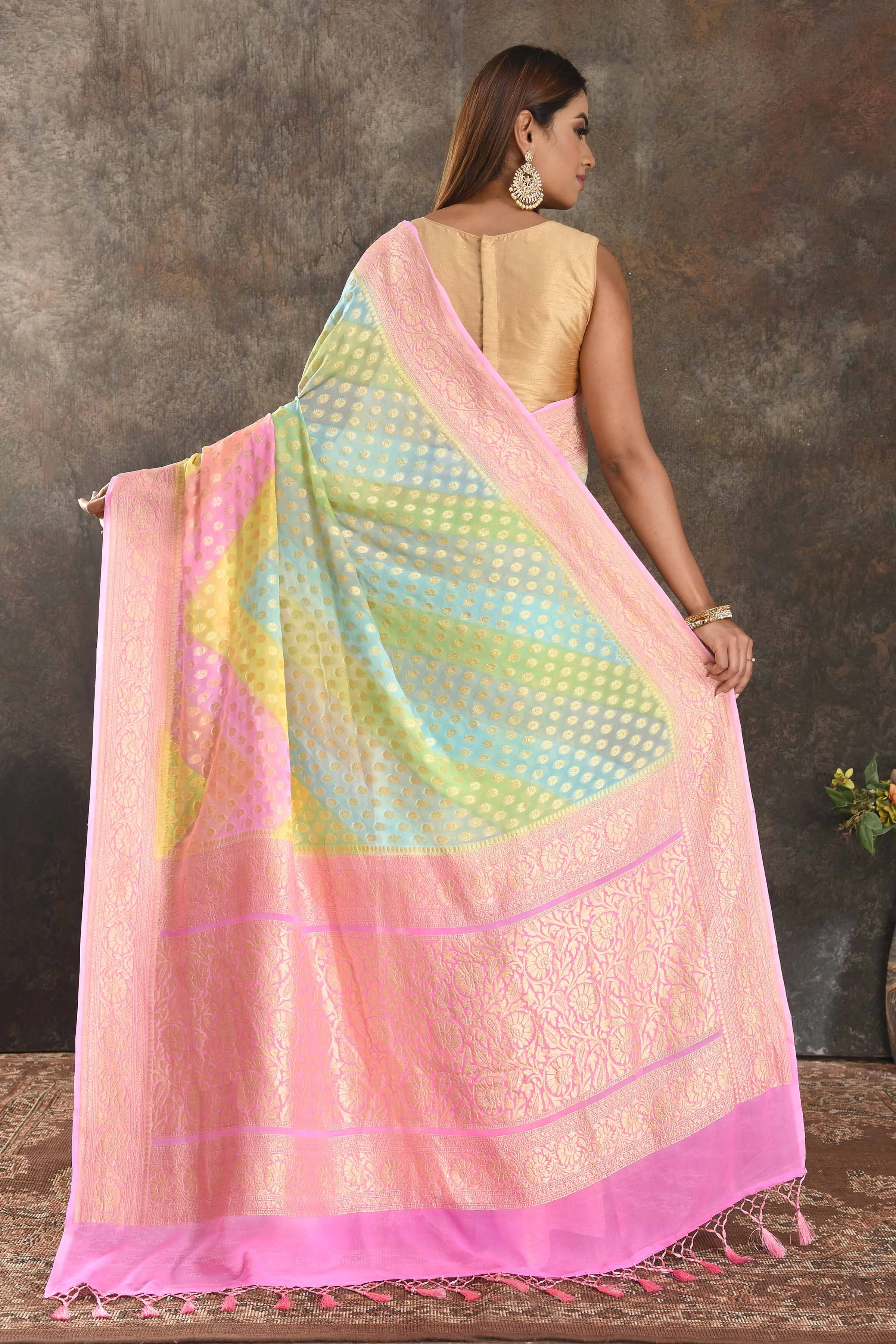 90N367-RO Multicolor Pastel Georgette Banarasi Sari with Pink Border