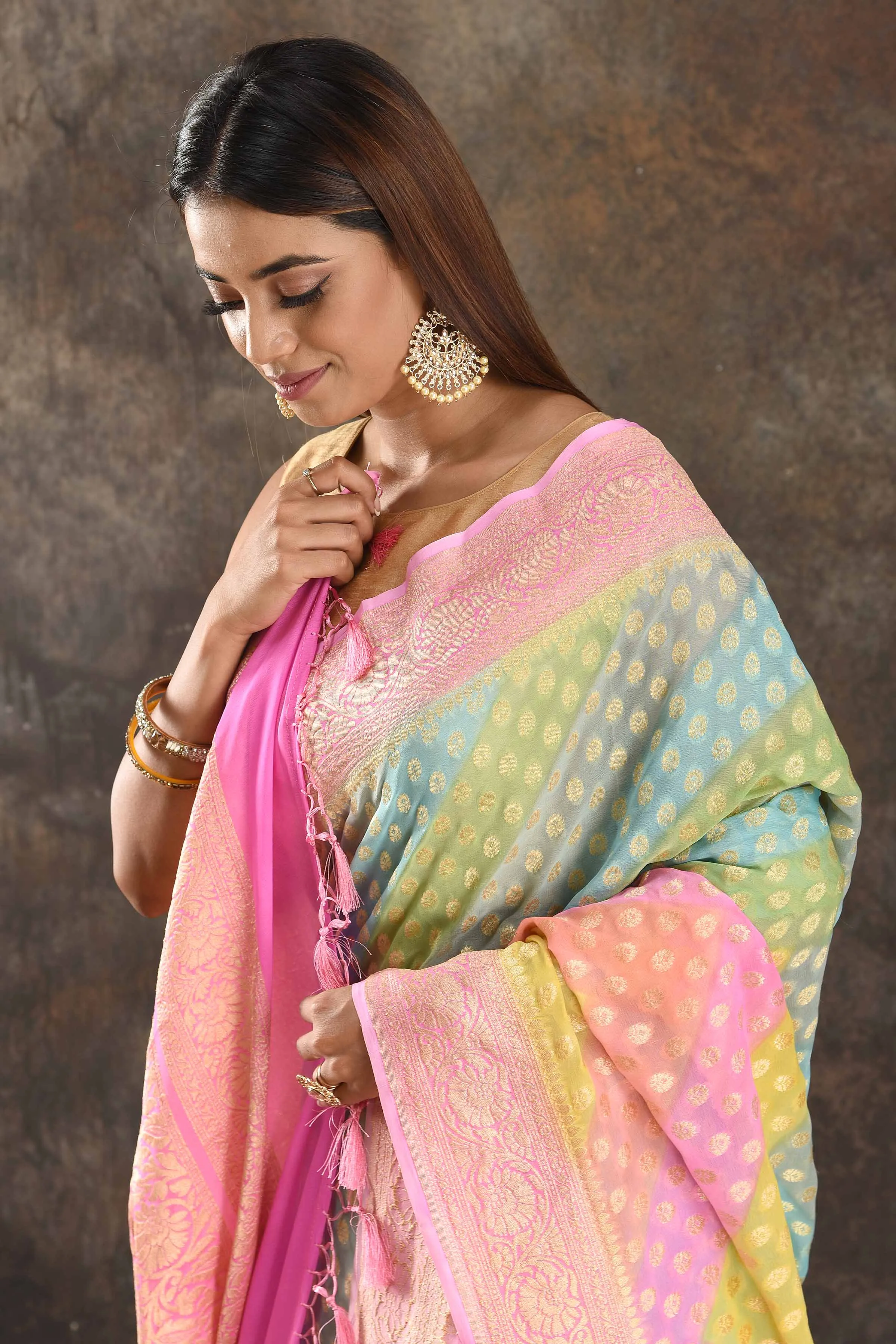 90N367-RO Multicolor Pastel Georgette Banarasi Sari with Pink Border