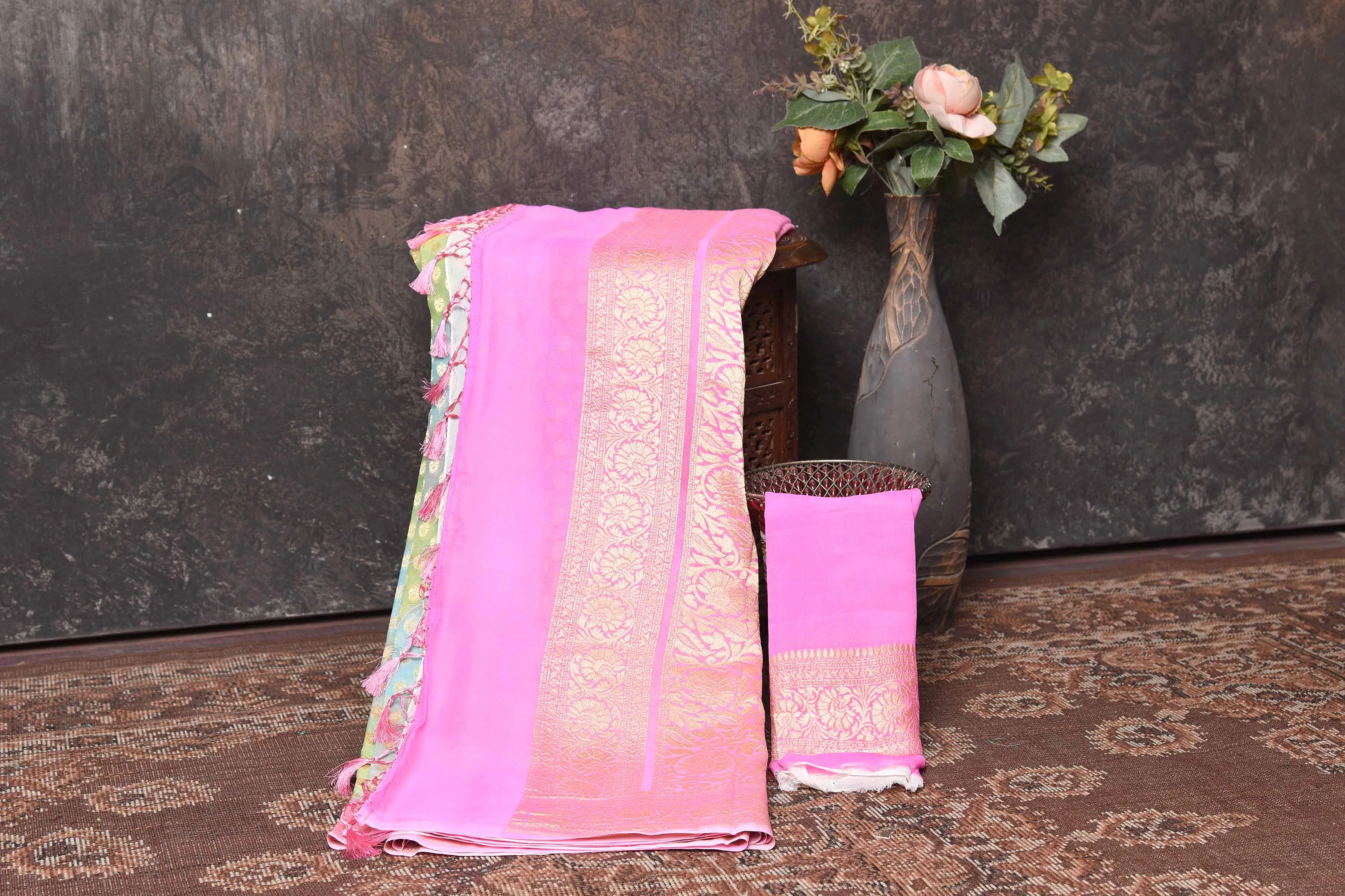 90N367-RO Multicolor Pastel Georgette Banarasi Sari with Pink Border