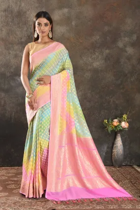 90N367-RO Multicolor Pastel Georgette Banarasi Sari with Pink Border