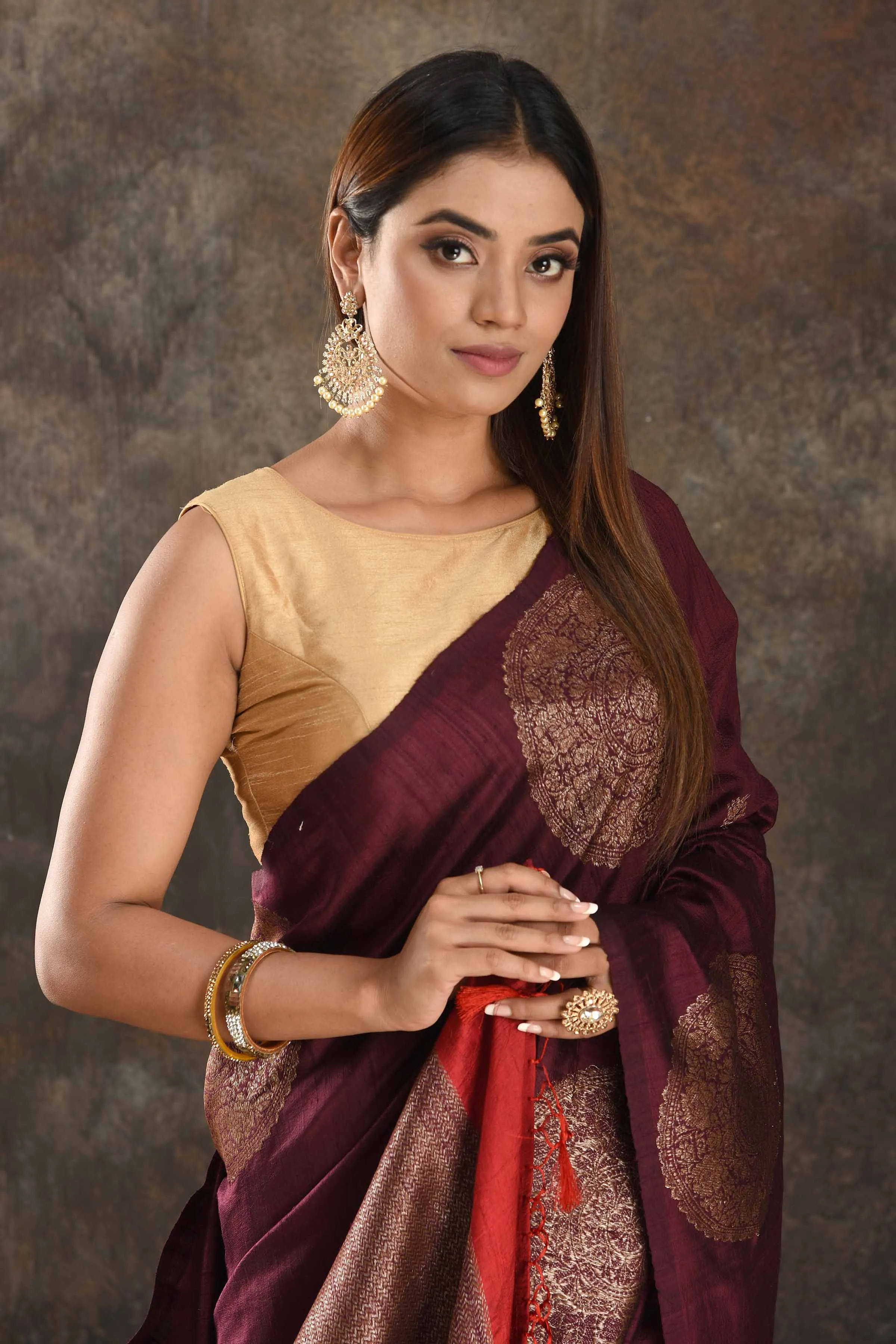 90N399-RO Wine Tussar Banarasi Saree with Antique Zari Buta