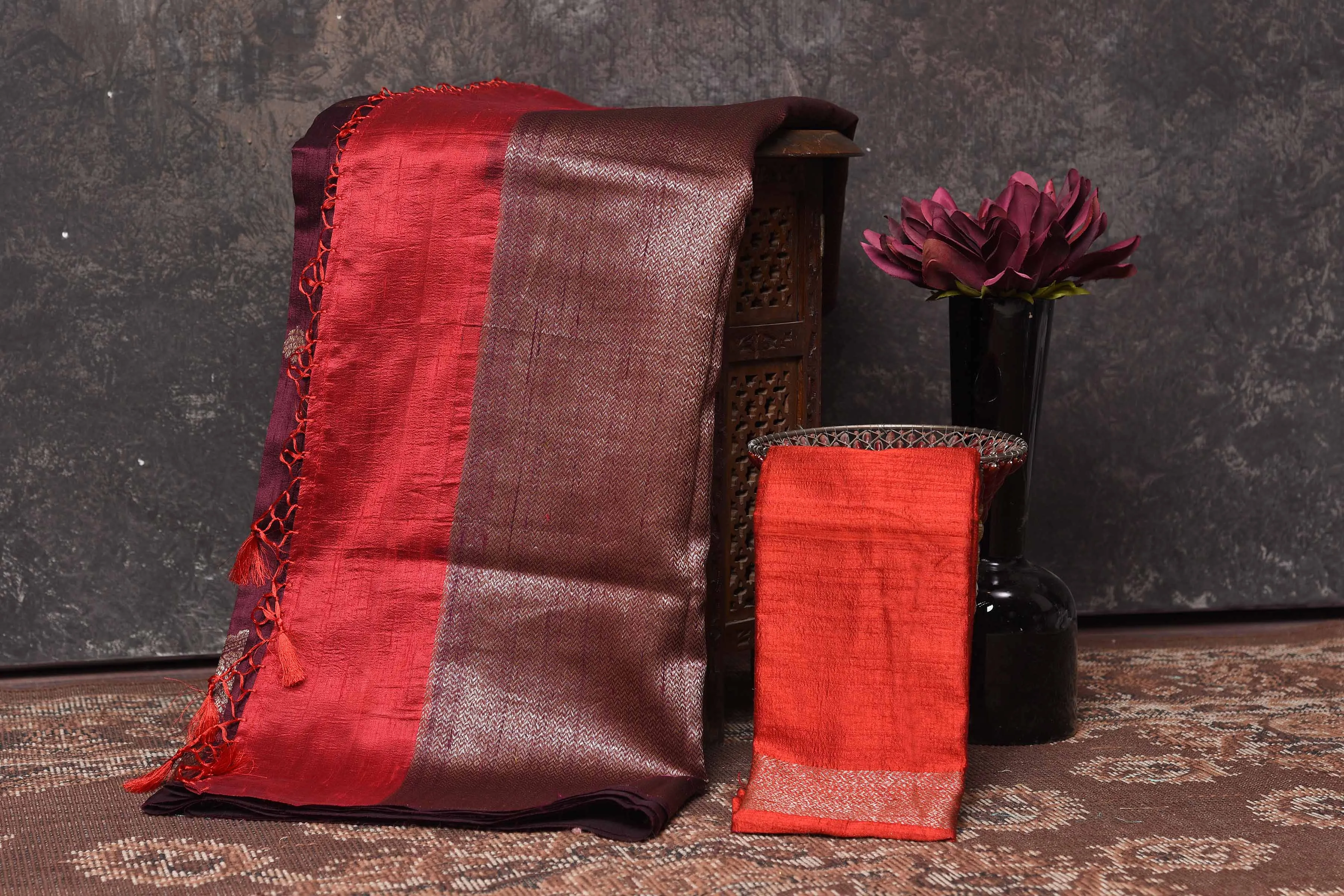 90N399-RO Wine Tussar Banarasi Saree with Antique Zari Buta