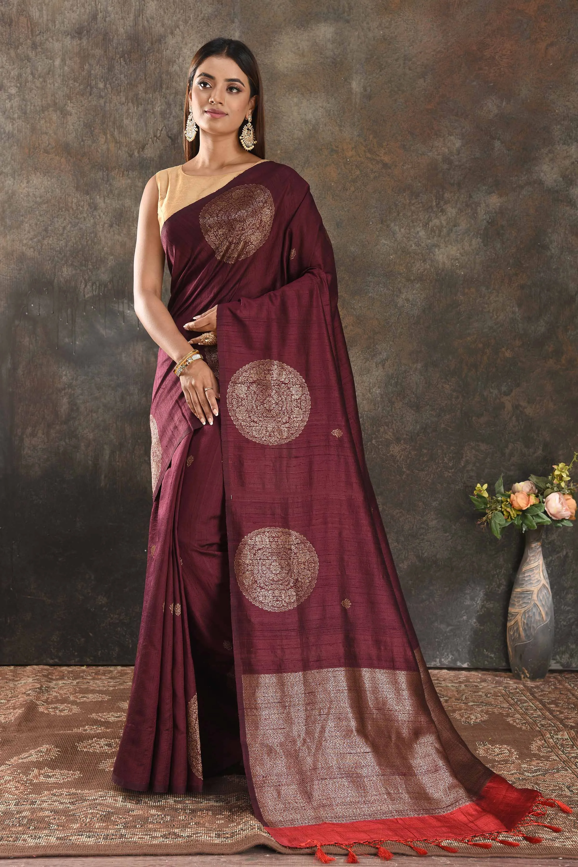 90N399-RO Wine Tussar Banarasi Saree with Antique Zari Buta