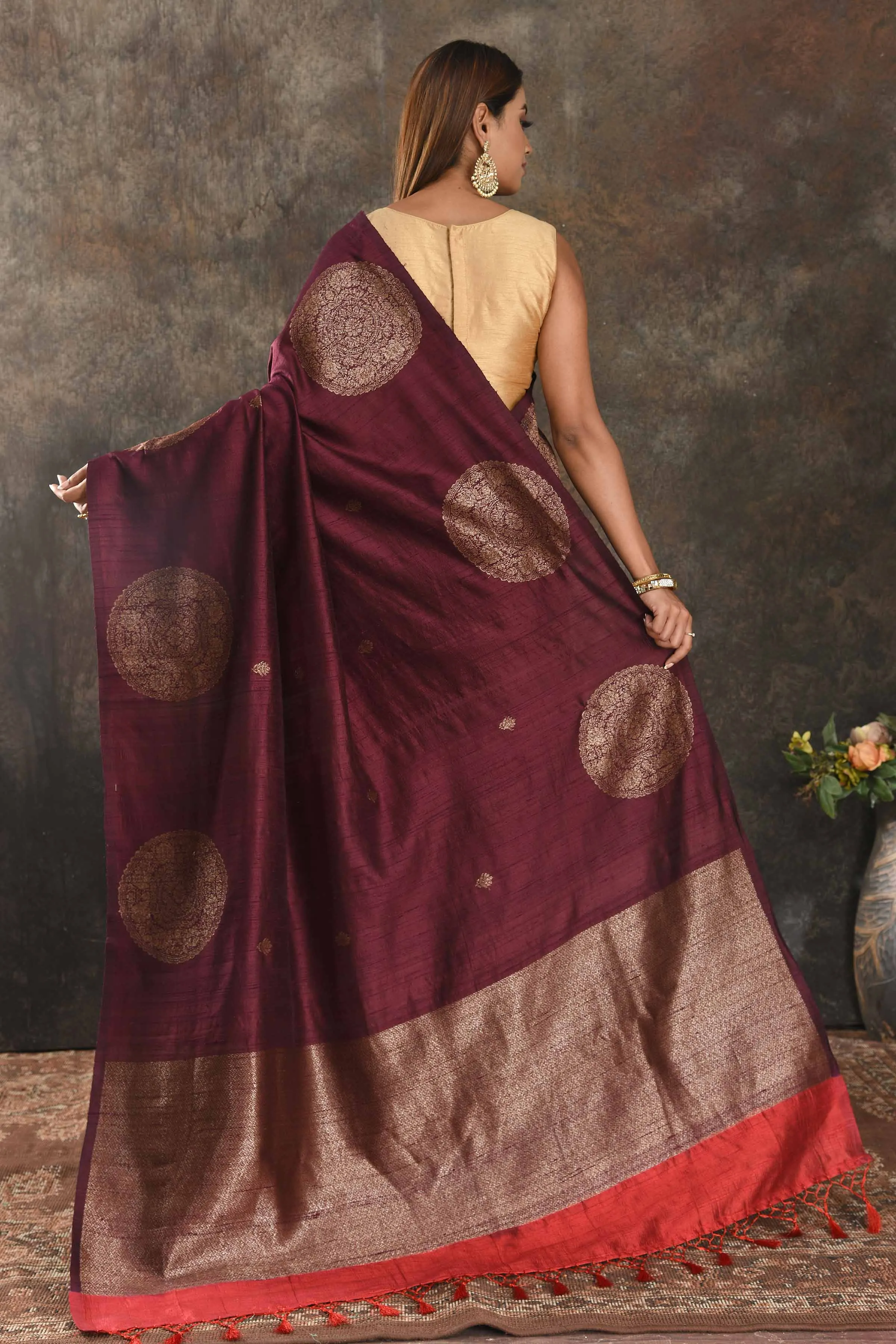 90N399-RO Wine Tussar Banarasi Saree with Antique Zari Buta