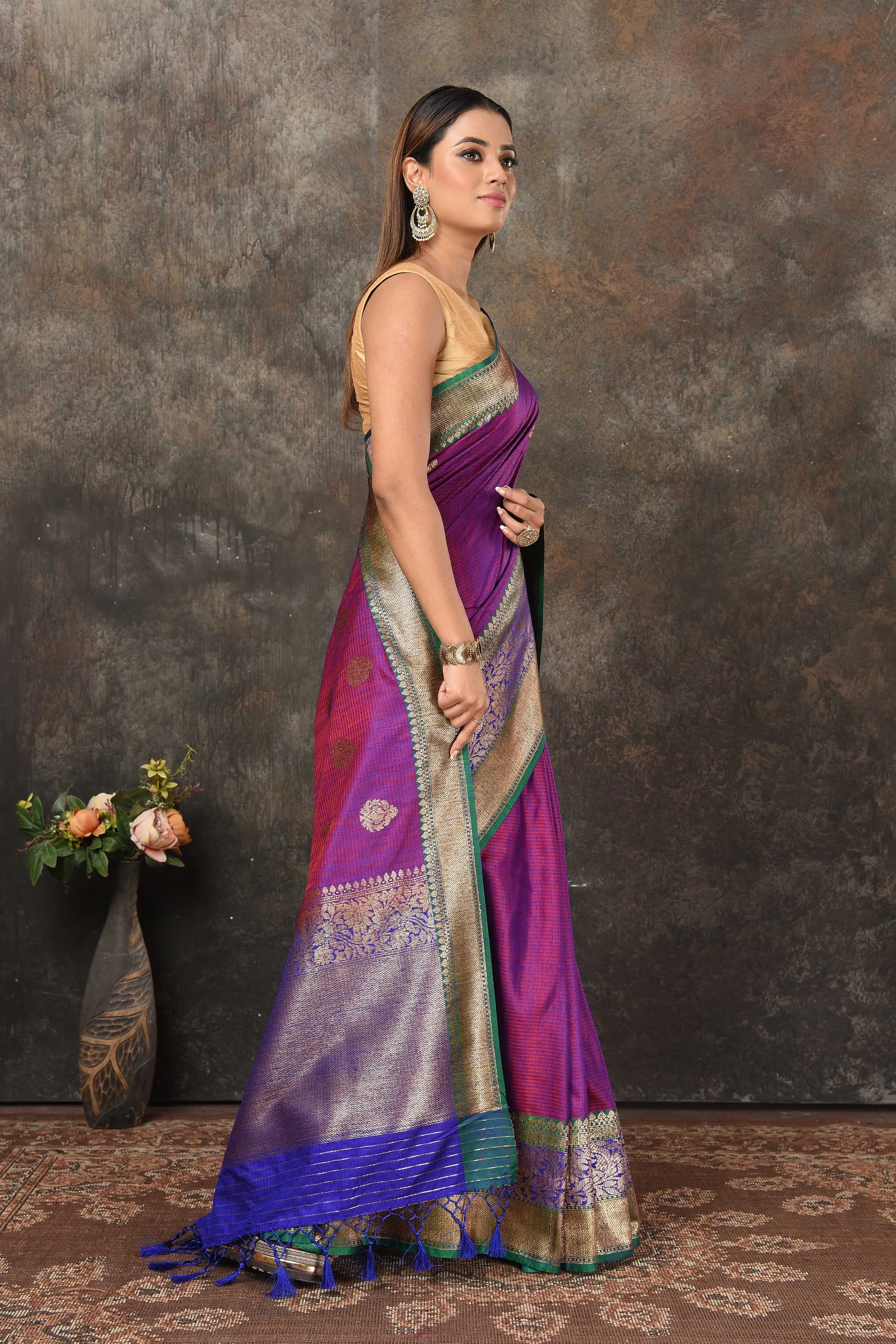 90N457-RO Pinkish Purple Banarasi Saree with Green Zari Border