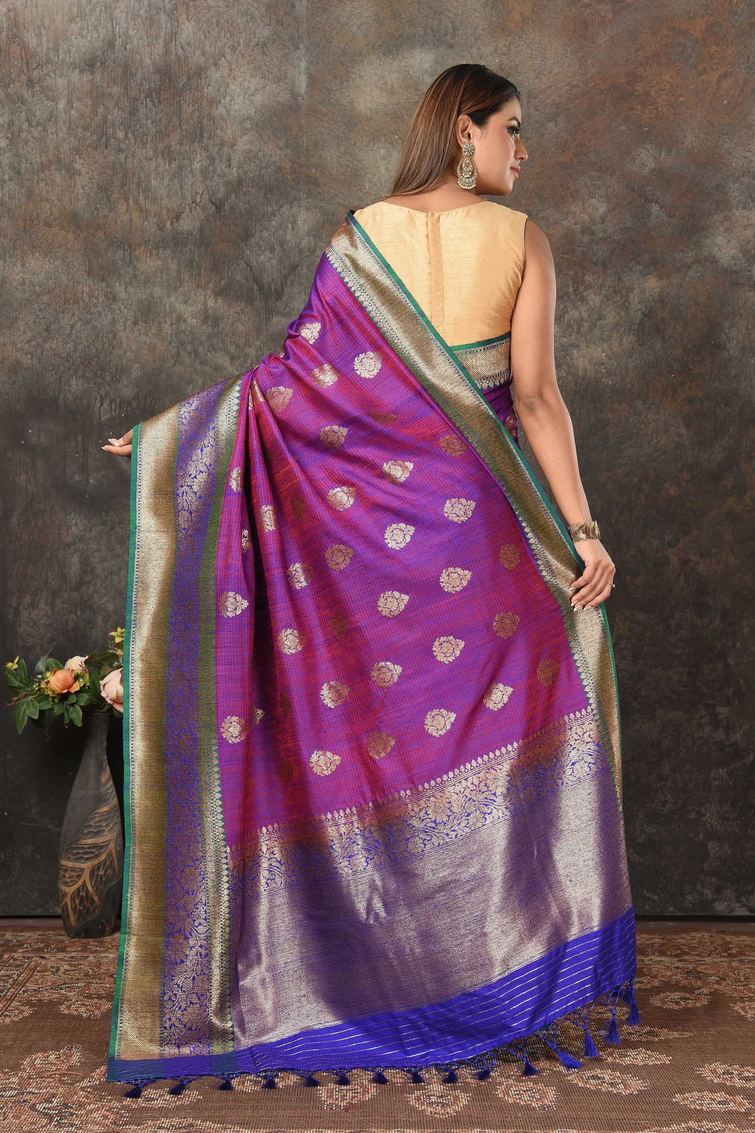 90N457-RO Pinkish Purple Banarasi Saree with Green Zari Border