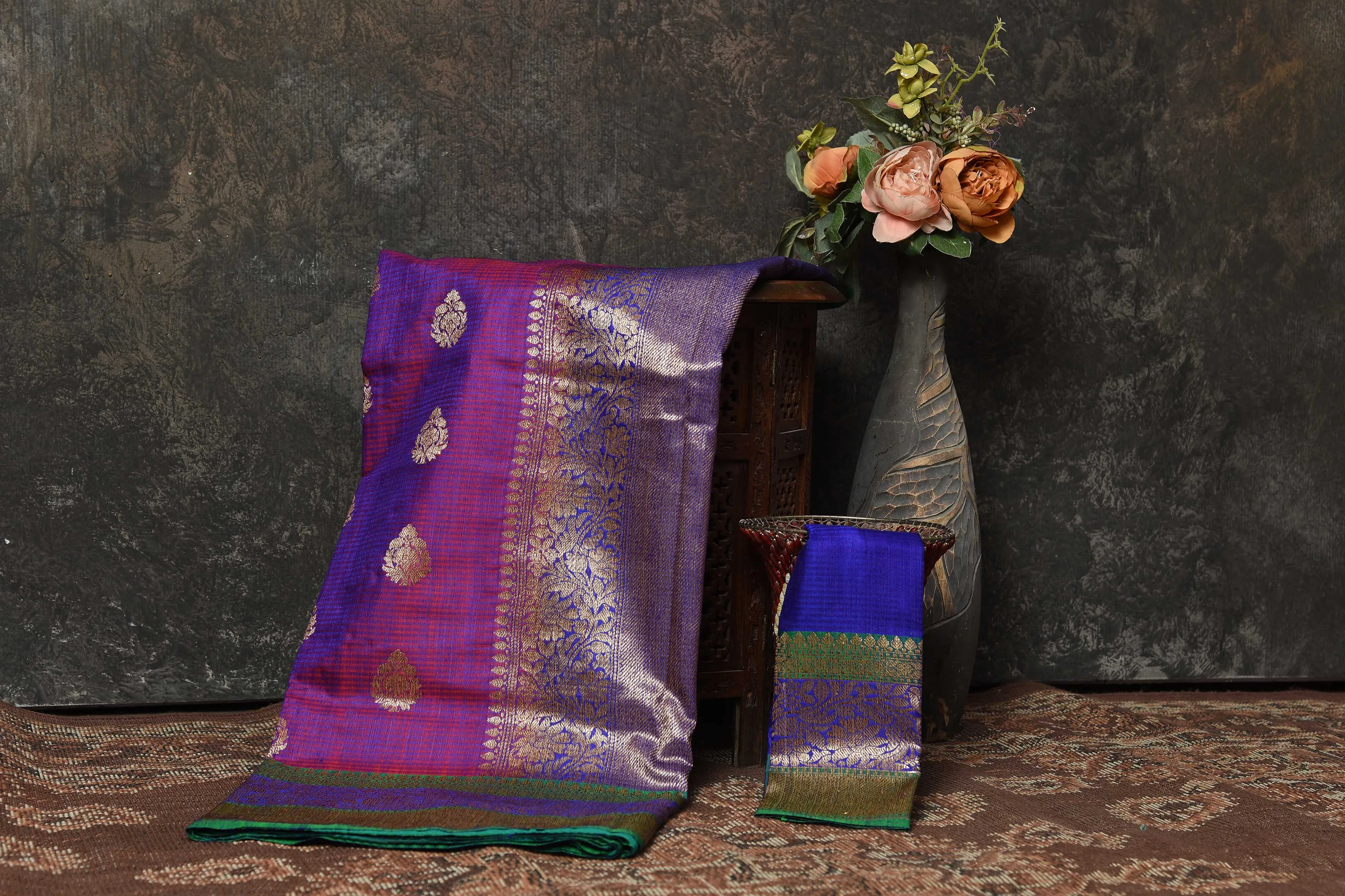 90N457-RO Pinkish Purple Banarasi Saree with Green Zari Border