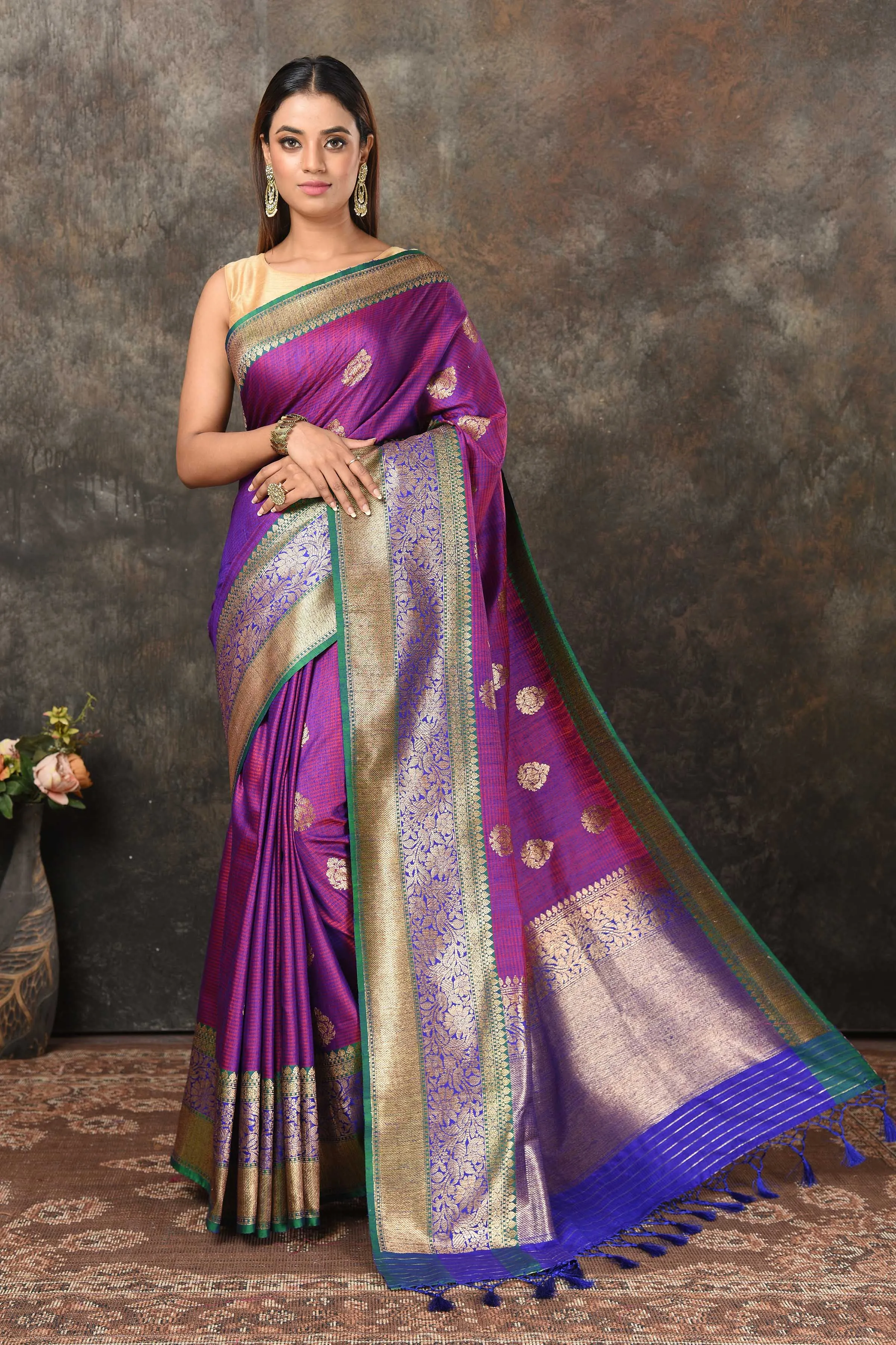 90N457-RO Pinkish Purple Banarasi Saree with Green Zari Border