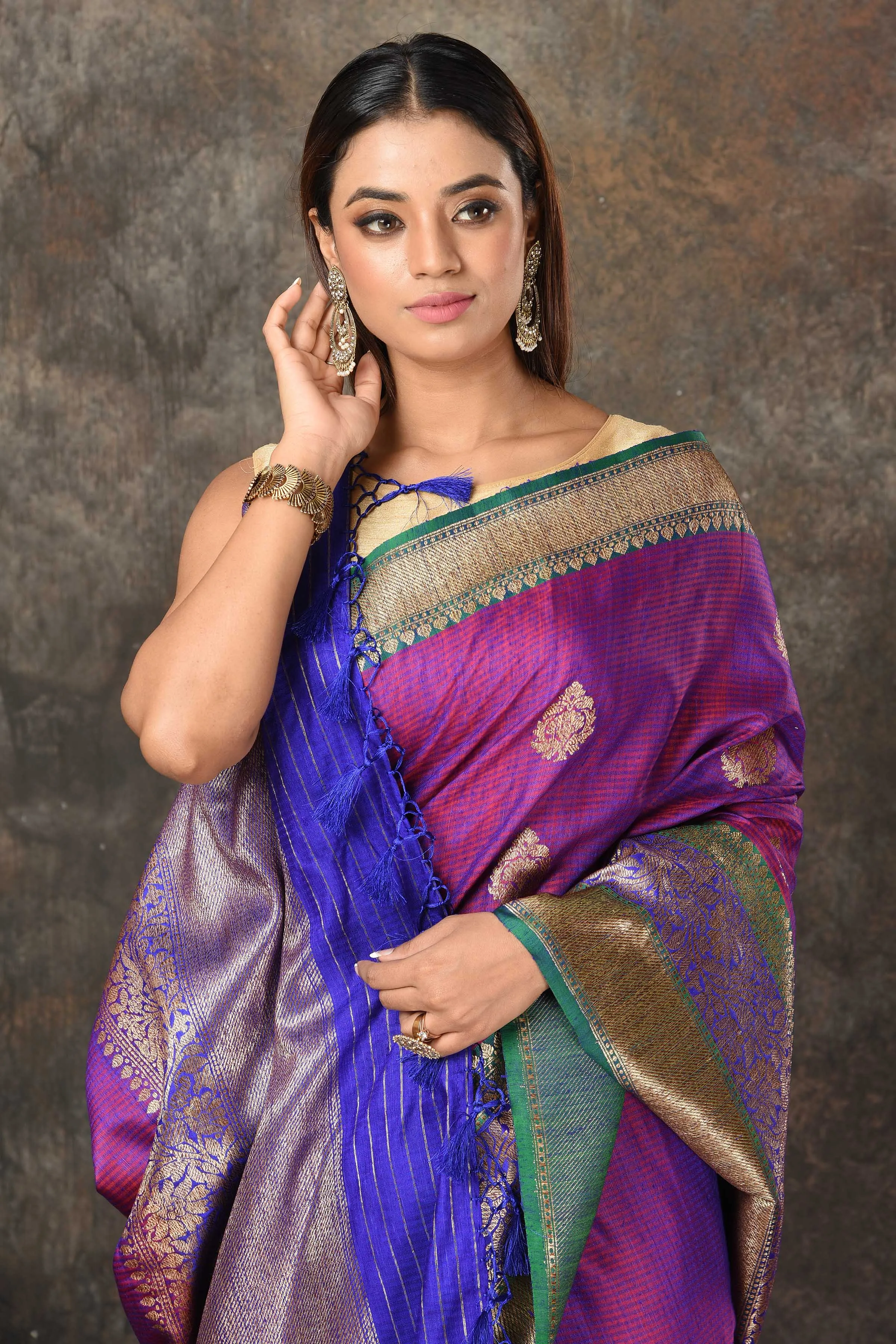 90N457-RO Pinkish Purple Banarasi Saree with Green Zari Border