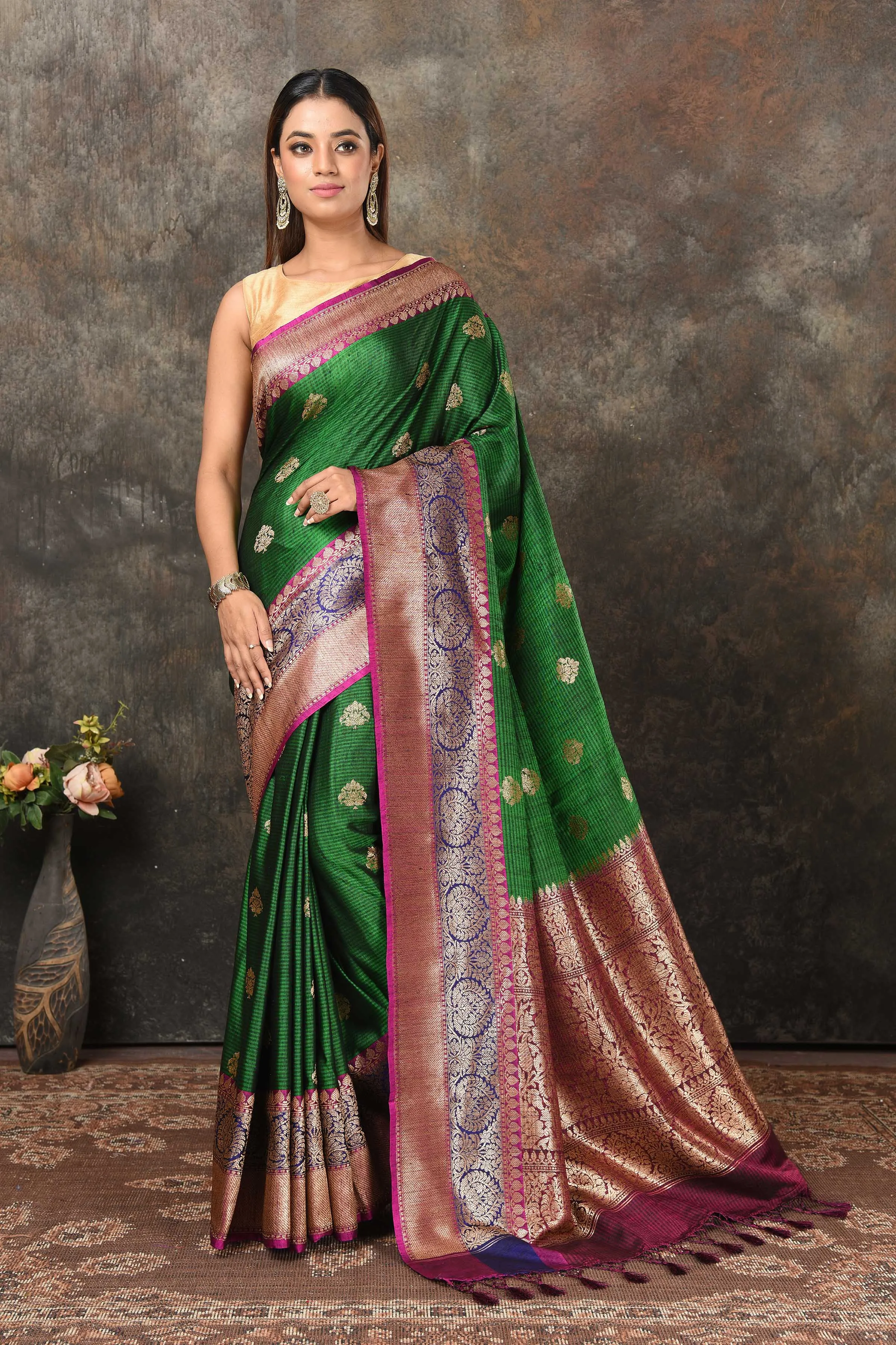 90N459-RO Mehendi Green Banarasi Sari with Blue Pink Zari Border