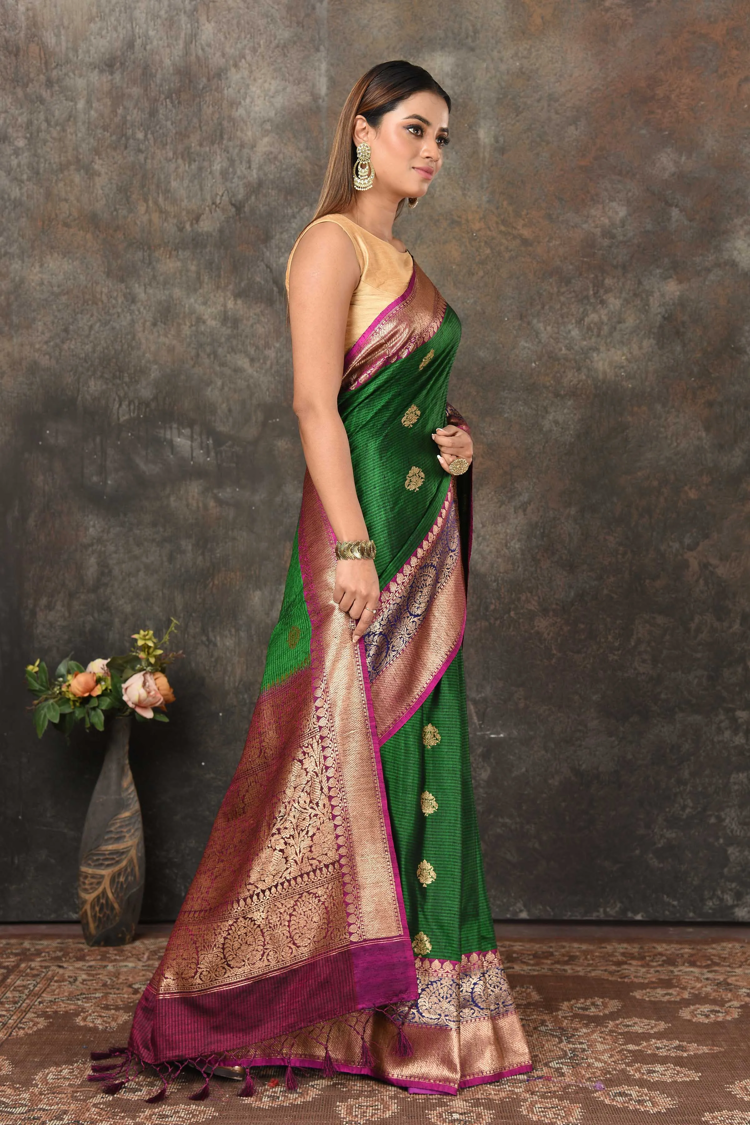 90N459-RO Mehendi Green Banarasi Sari with Blue Pink Zari Border