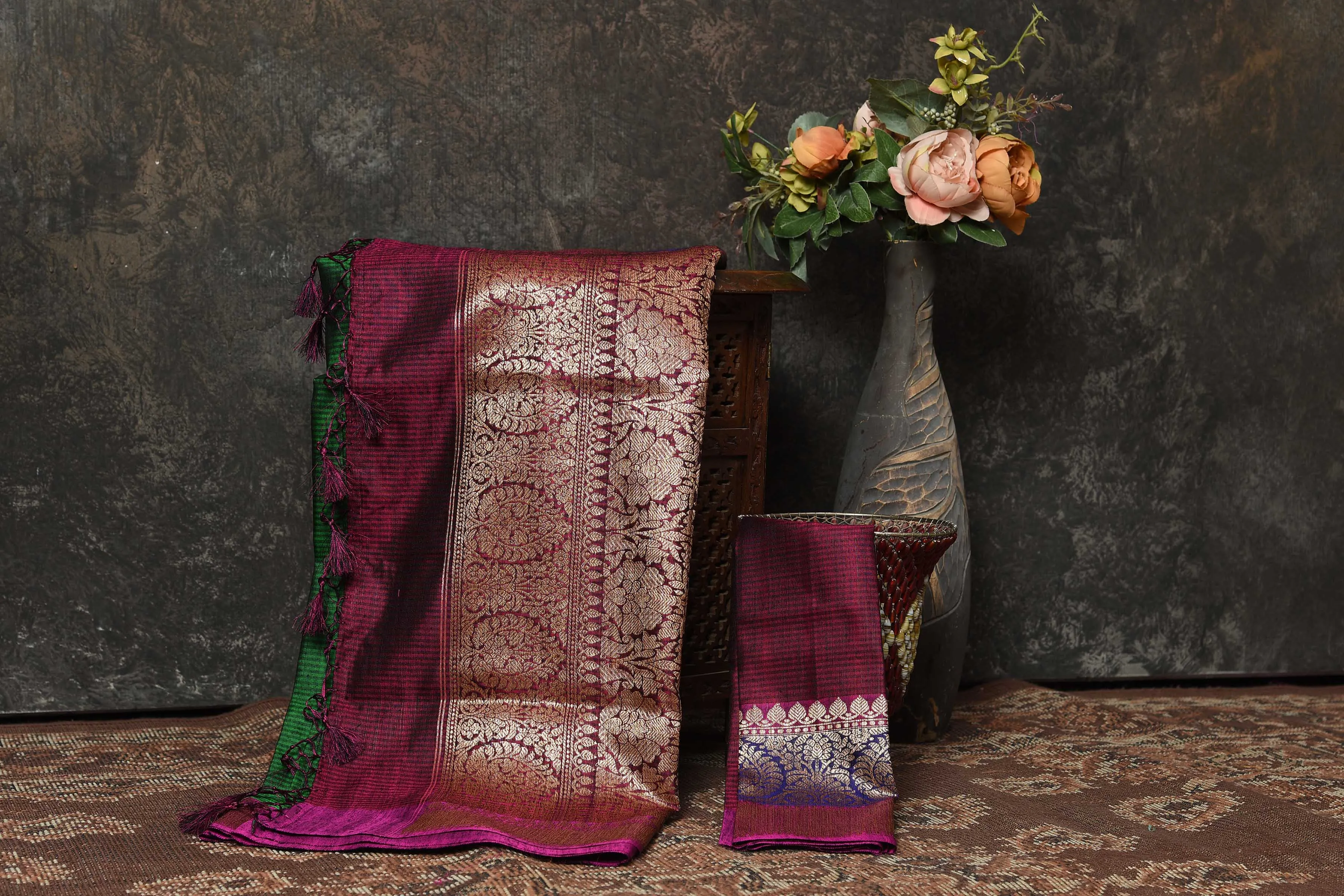 90N459-RO Mehendi Green Banarasi Sari with Blue Pink Zari Border