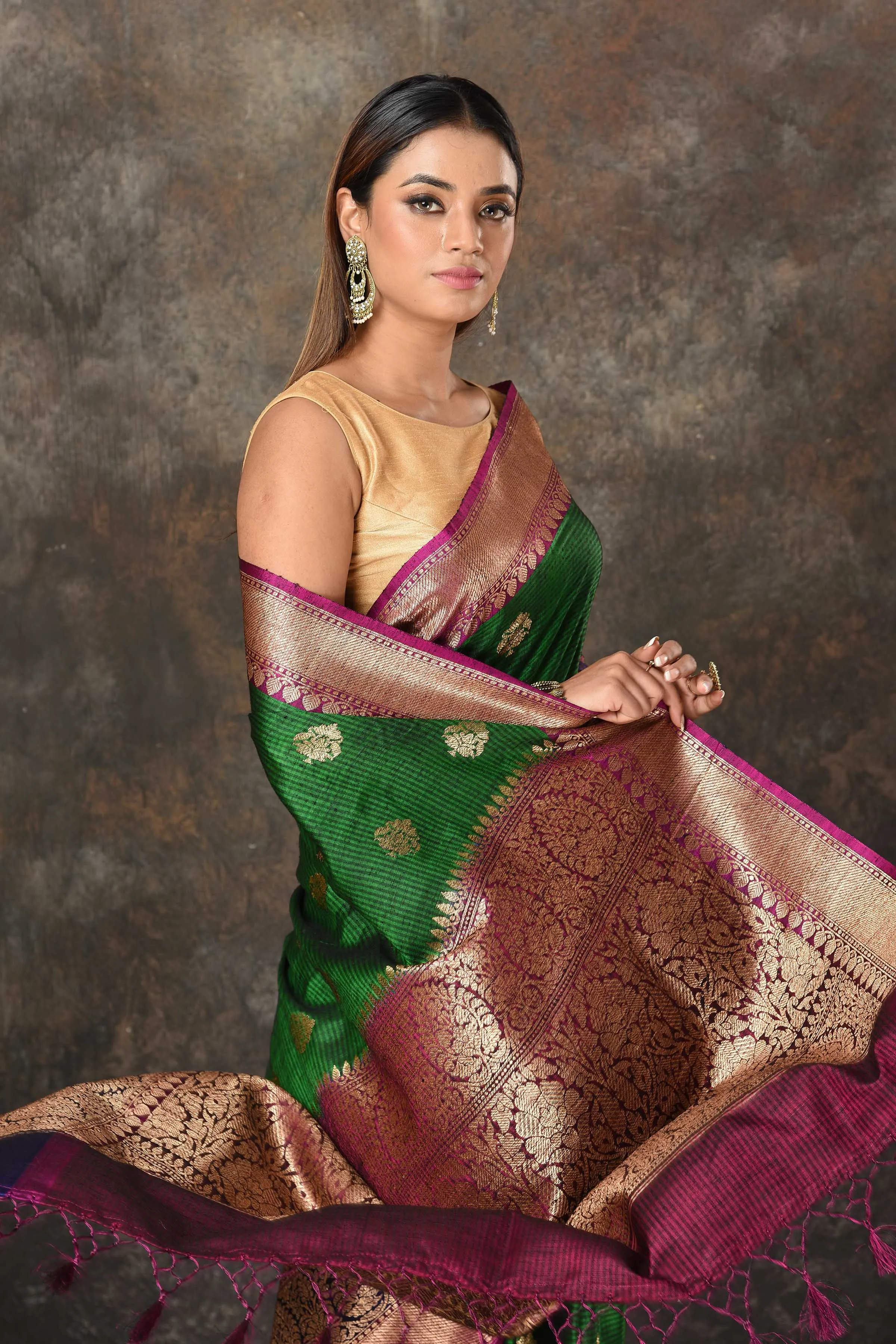 90N459-RO Mehendi Green Banarasi Sari with Blue Pink Zari Border