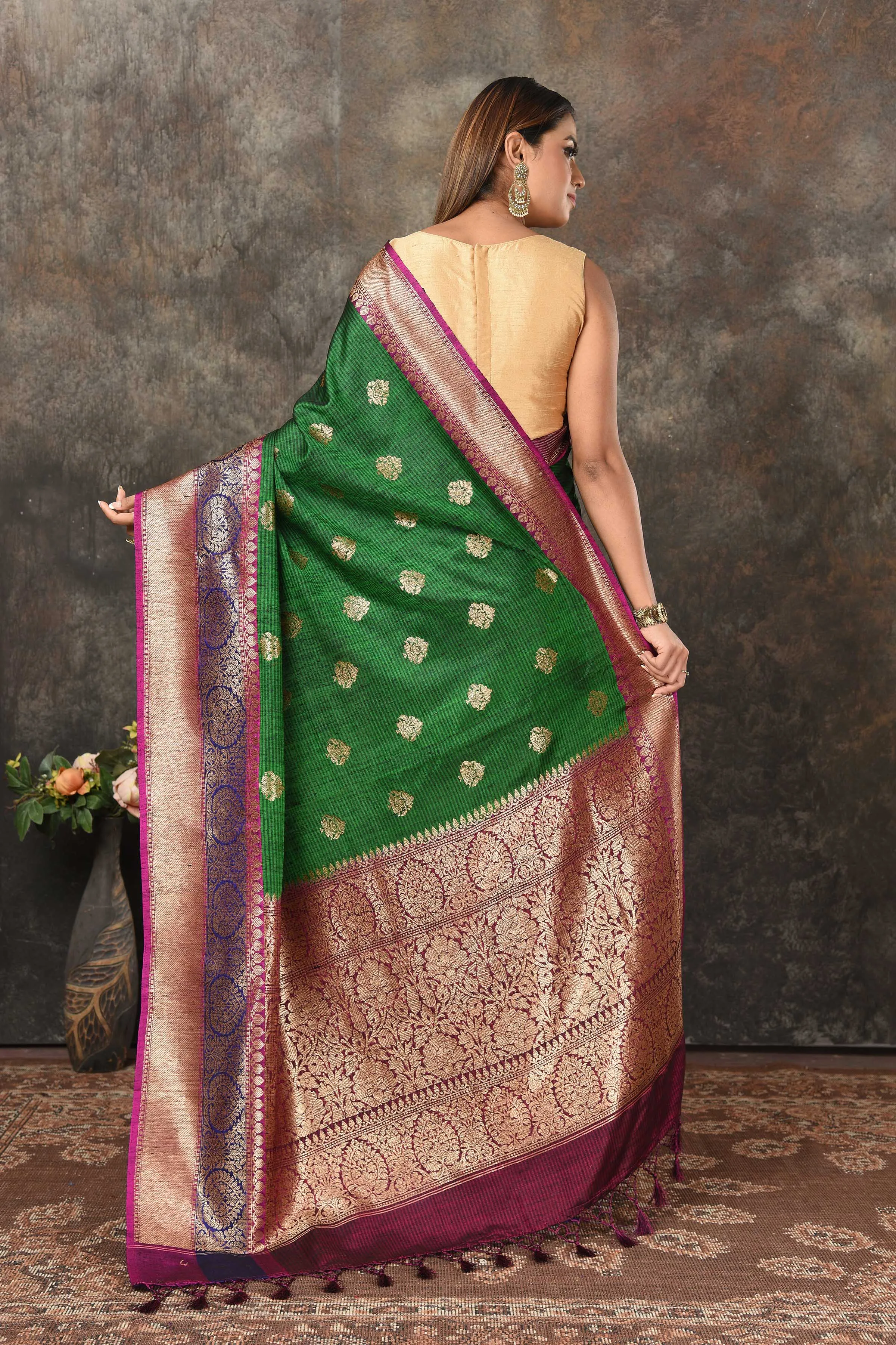 90N459-RO Mehendi Green Banarasi Sari with Blue Pink Zari Border