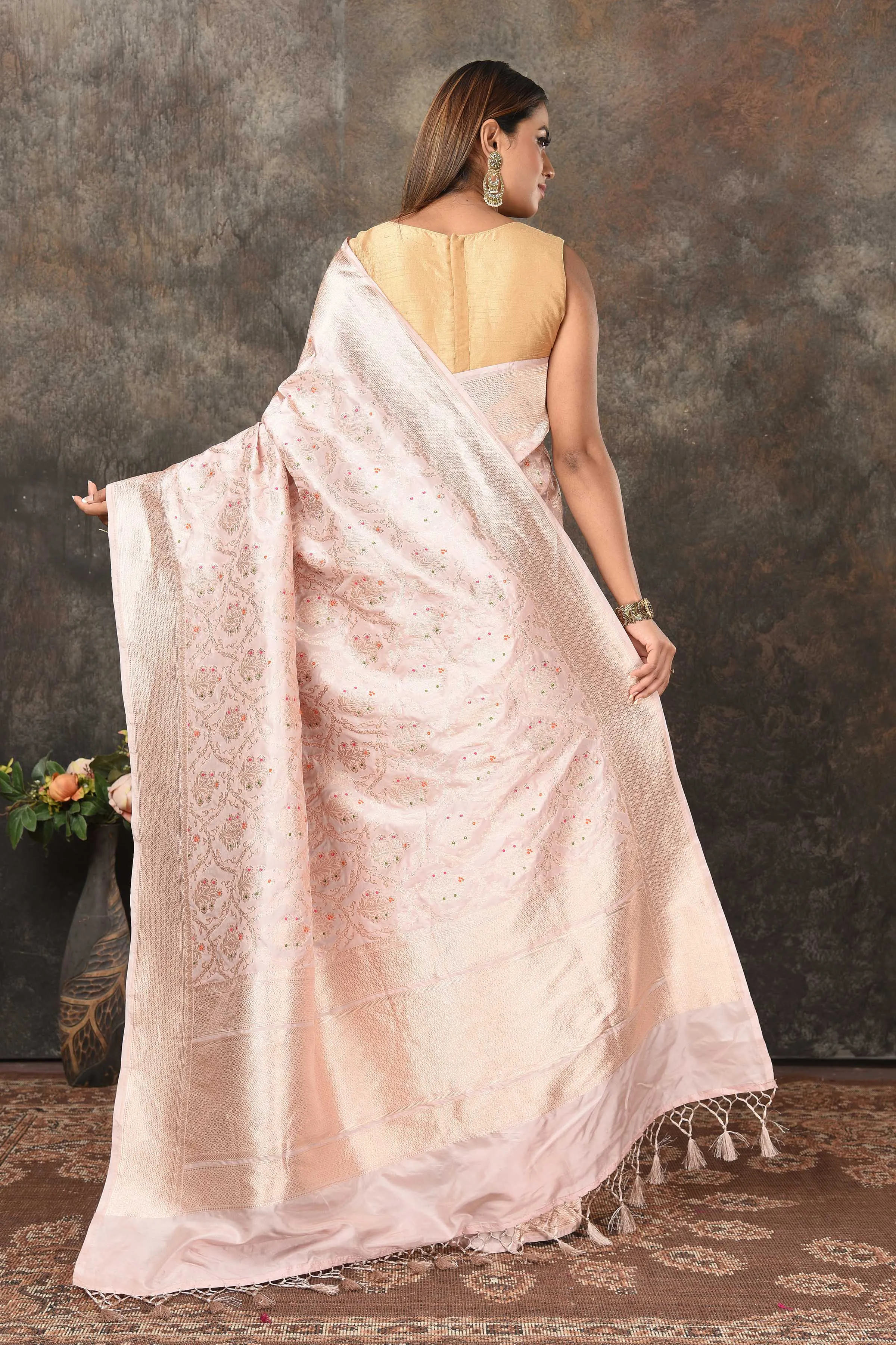 90N467-RO Pastel Pink Banarasi Saree with Silver Minakari Zari Work