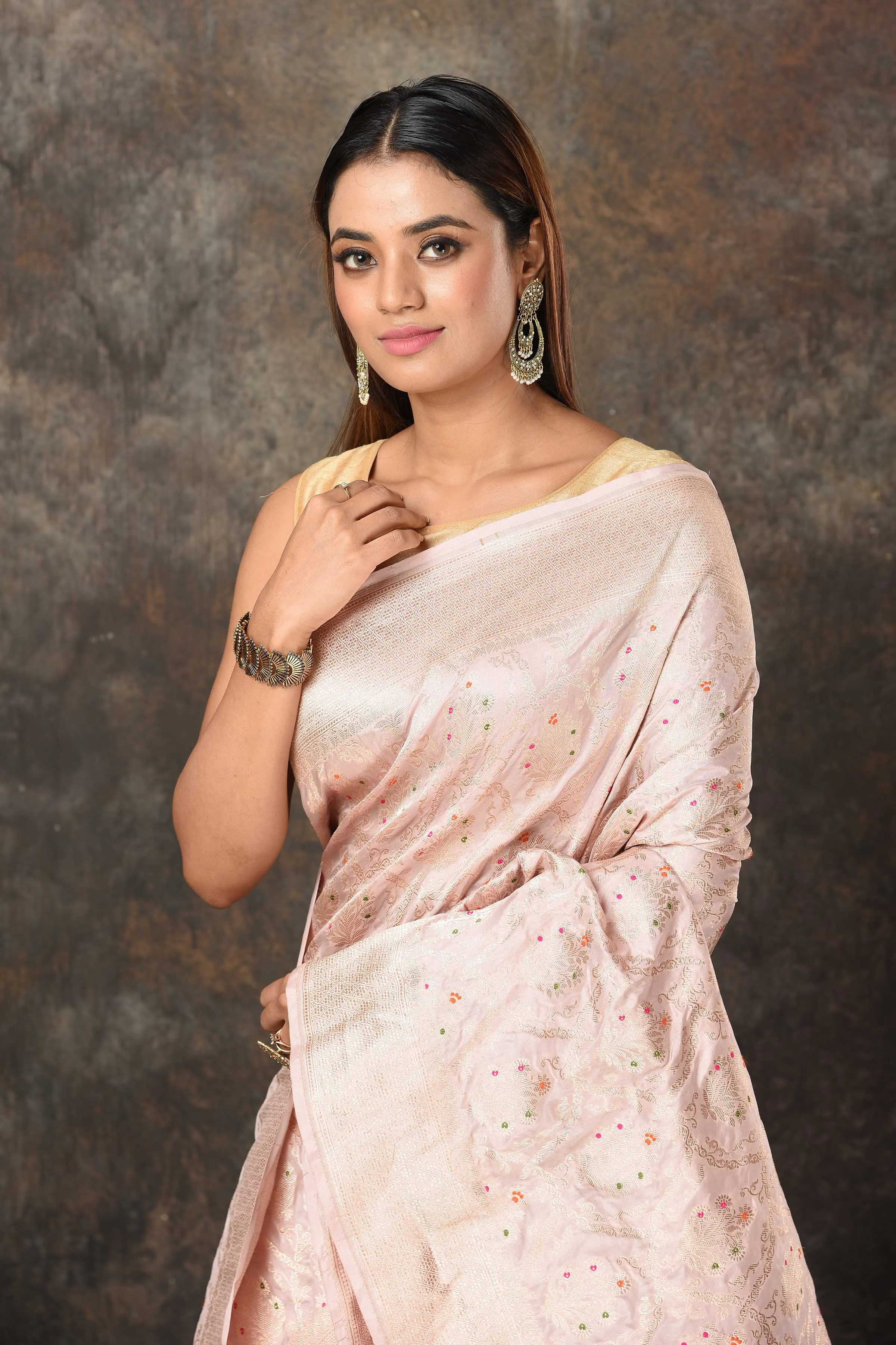 90N467-RO Pastel Pink Banarasi Saree with Silver Minakari Zari Work