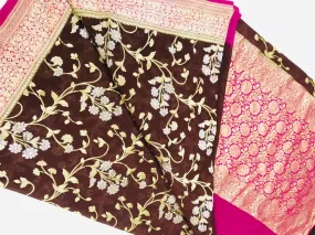 90Z103-RO Brown Georgette Banarasi Saree with Pink Zari Border