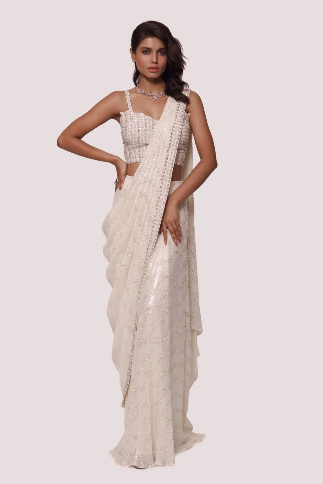 90Z876-RO Off White Chikankari Saree Set