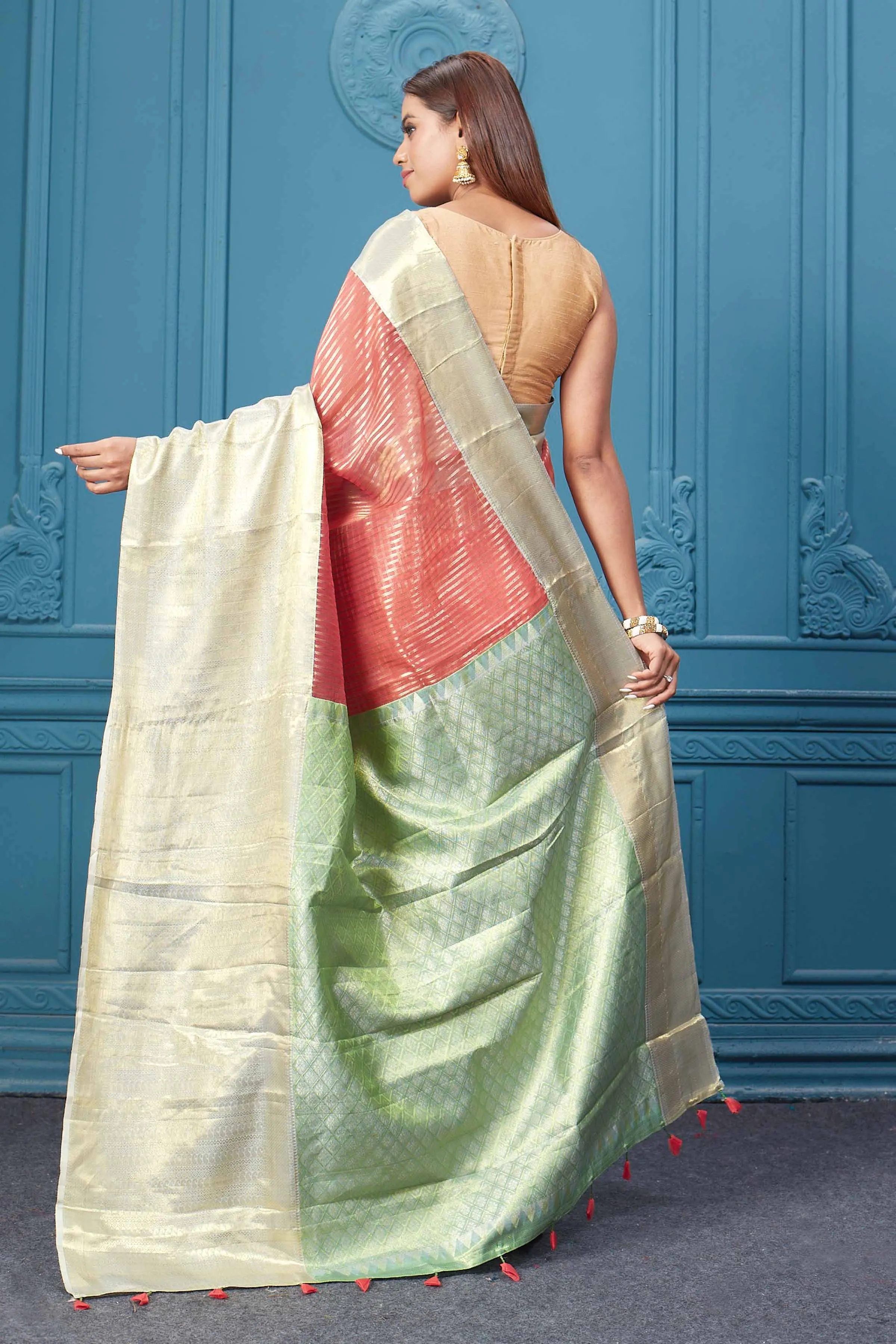 91A007 Red Striped Kora Kanjivaram Sari with Silver Golden Border