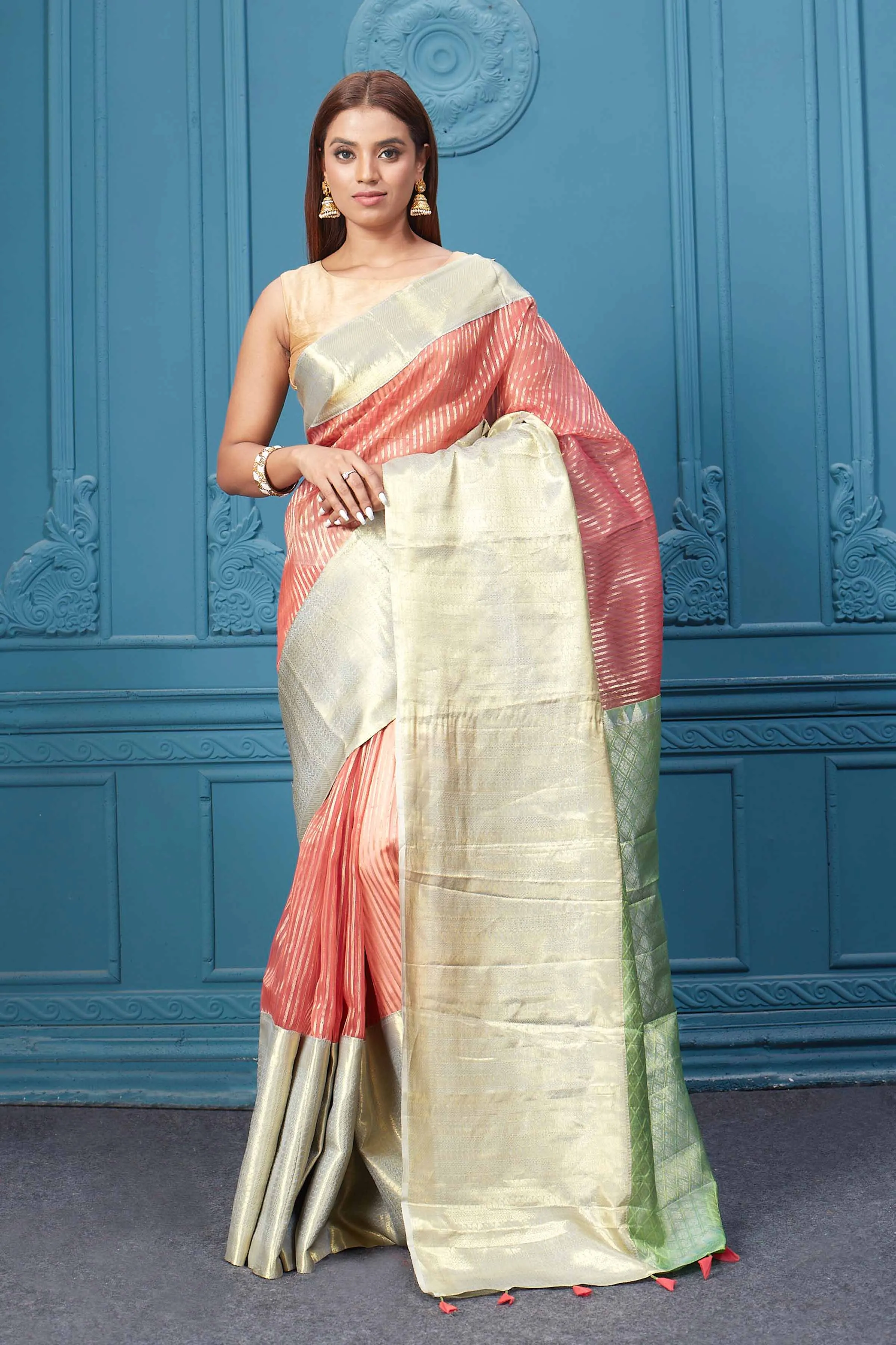 91A007 Red Striped Kora Kanjivaram Sari with Silver Golden Border