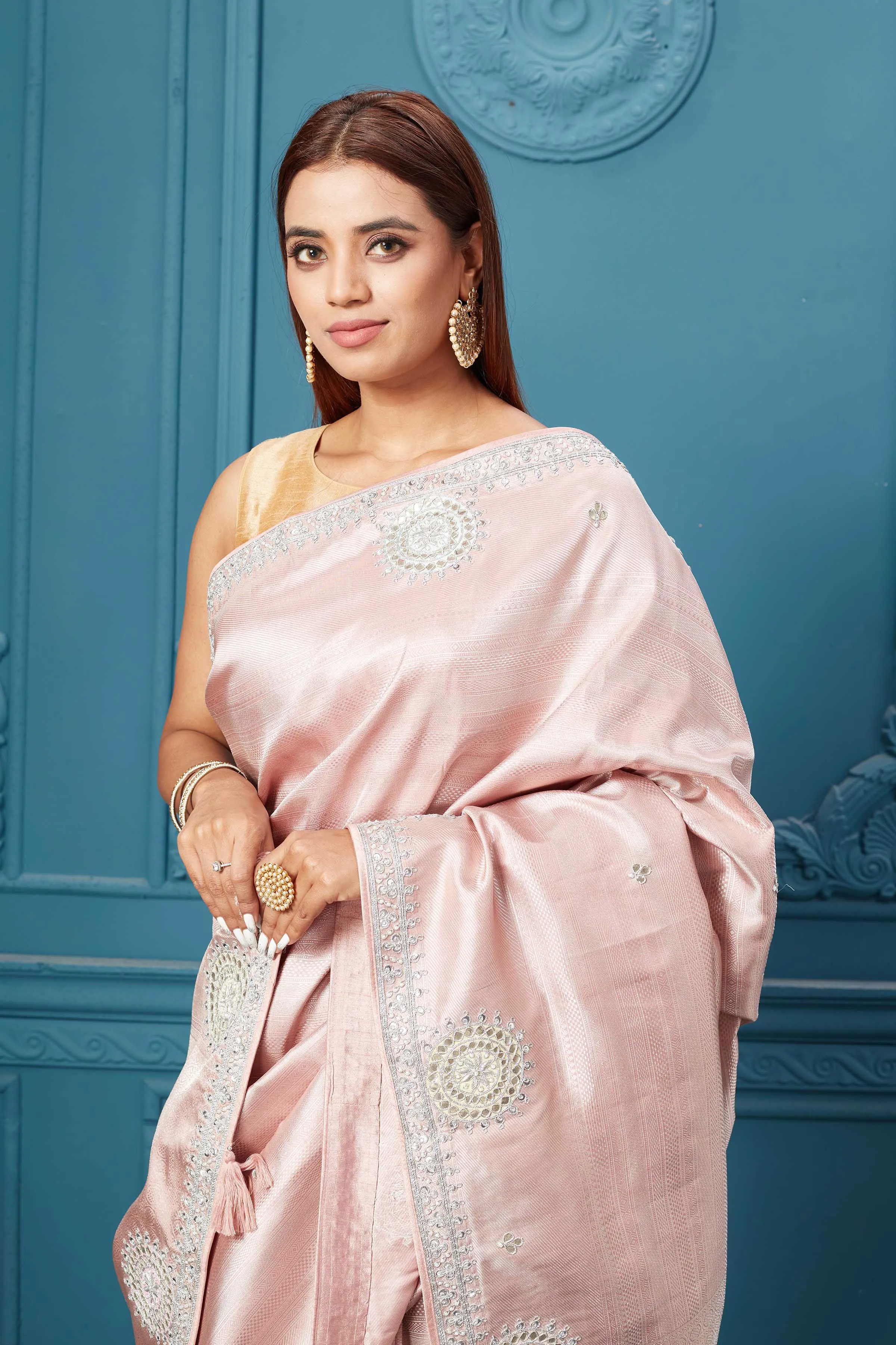 91A032 Powder Pink Embroidered Kanjivaram Silk Saree