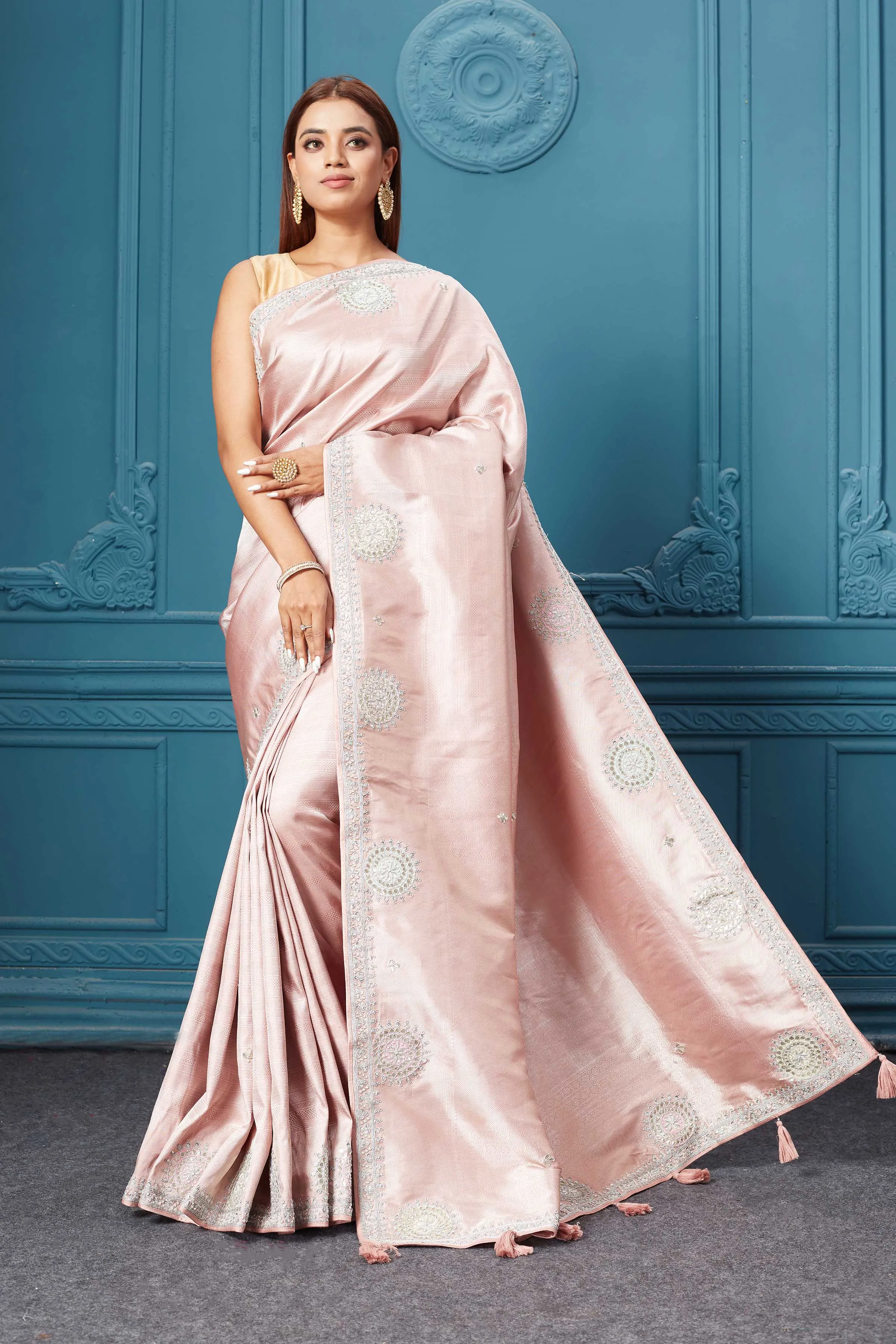 91A032 Powder Pink Embroidered Kanjivaram Silk Saree