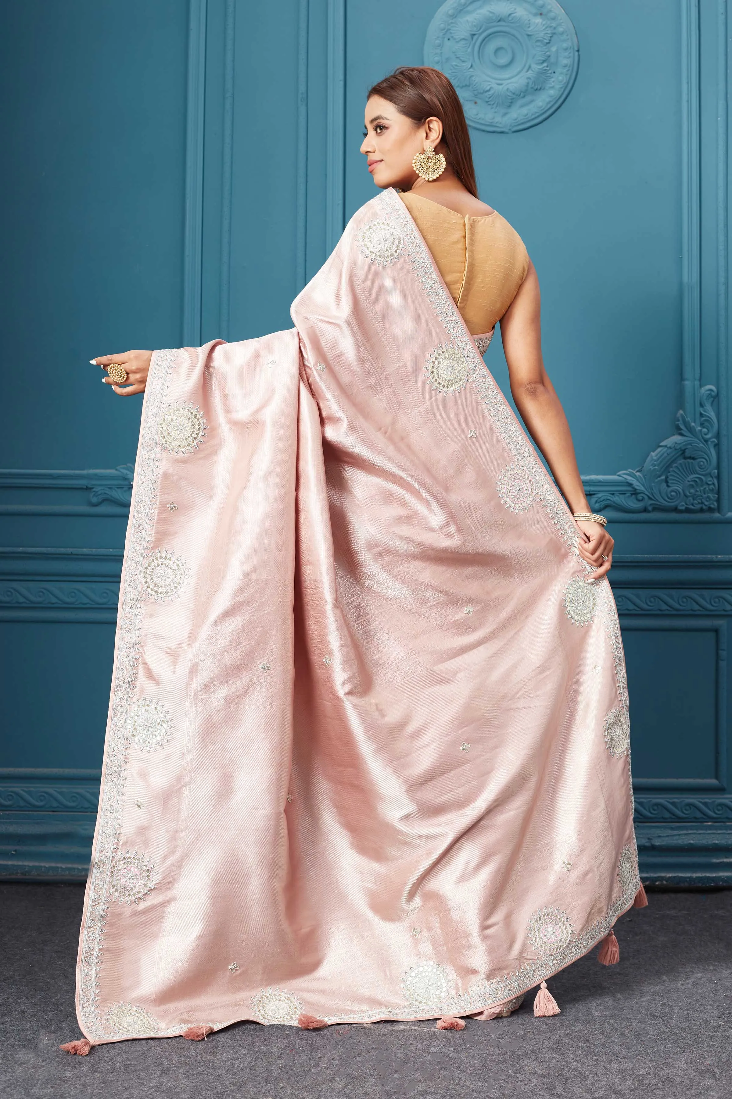 91A032 Powder Pink Embroidered Kanjivaram Silk Saree