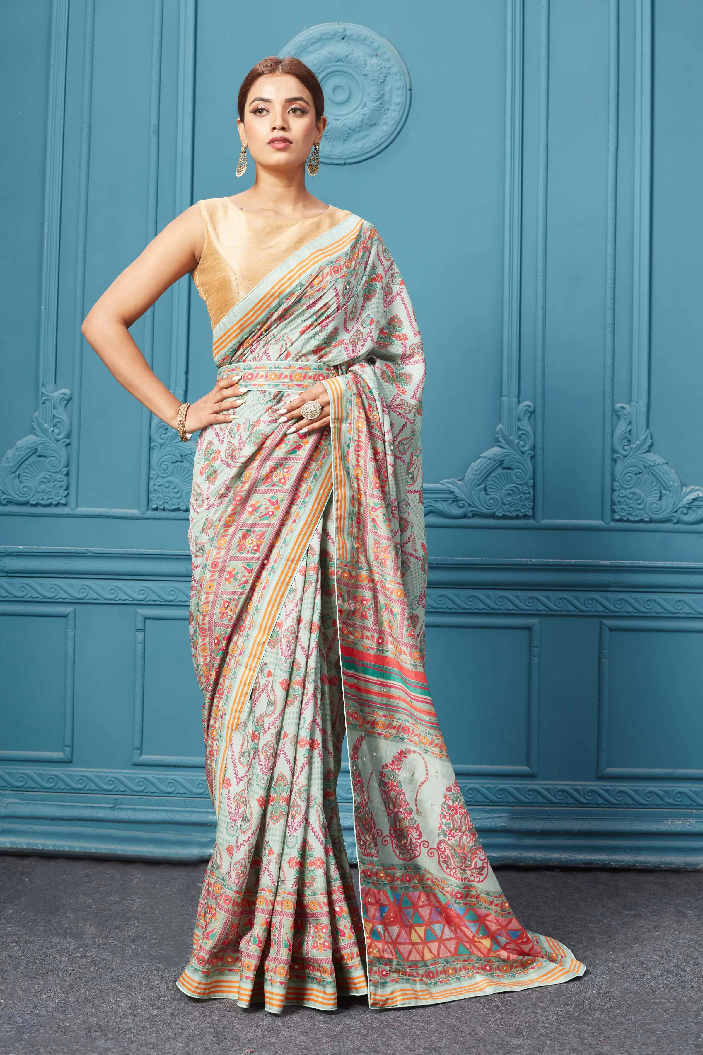 91A097 Multicolor Printed Light Blue Saree Set