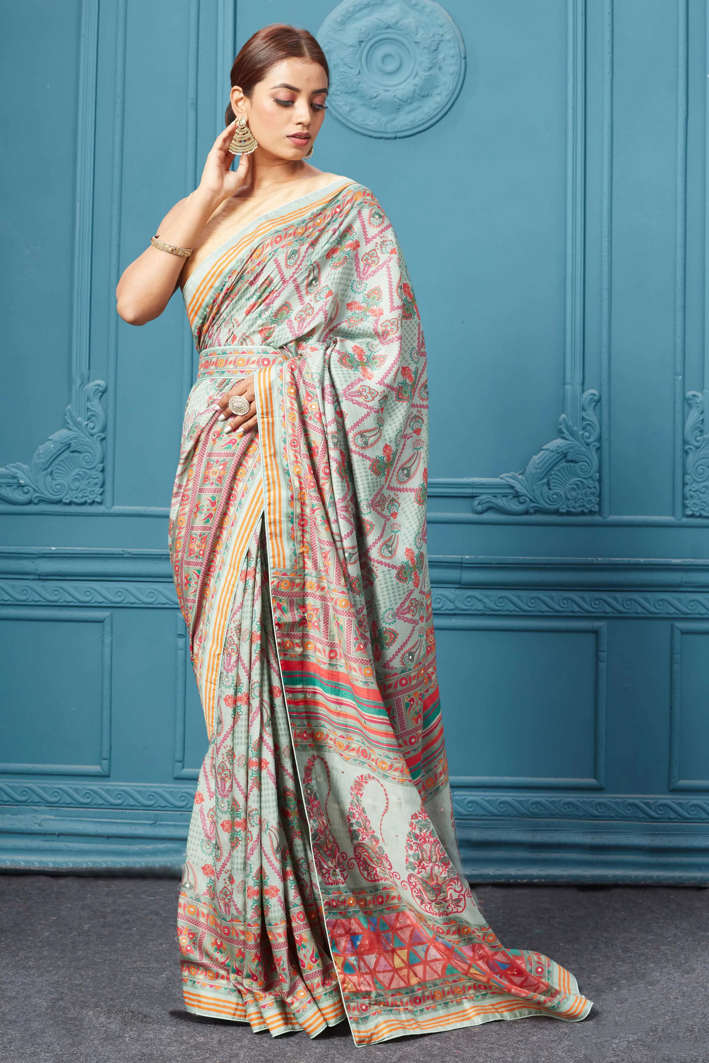 91A097 Multicolor Printed Light Blue Saree Set